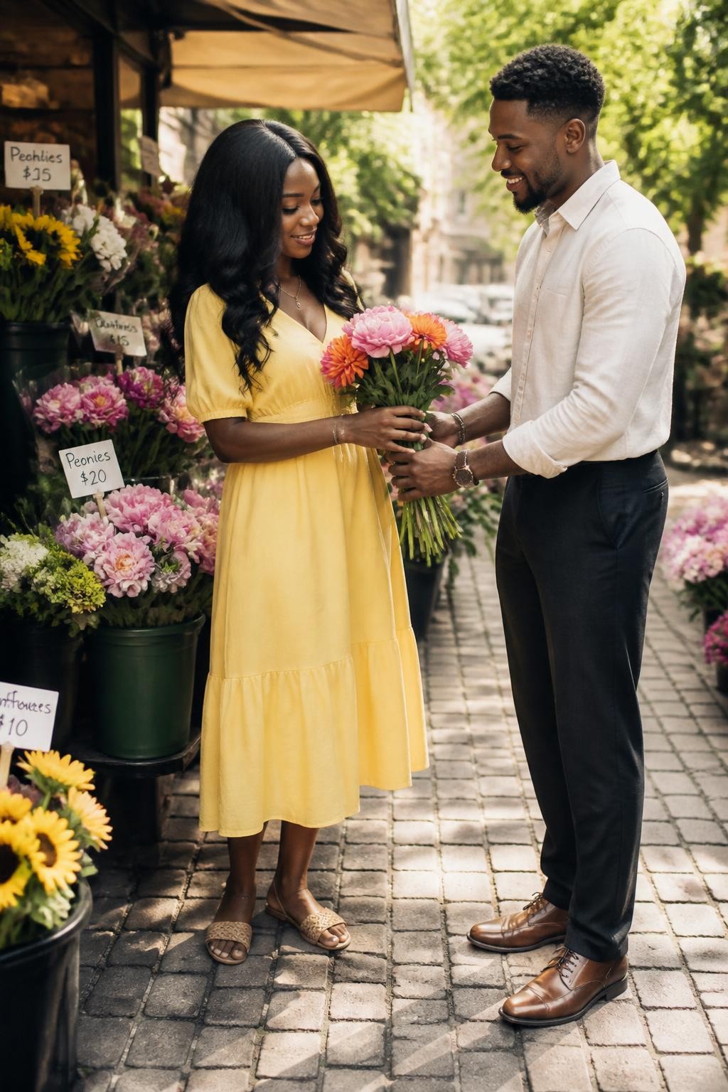 Image prompt: A beautiful DSLR couple photo at an outdoor flower market, featuring an adult Black woman with deep brown skin wearing a soft yellow midi dress and woven sandals, standing beside her partner in a cream shirt and dark trousers, both reaching for the same bunch of pink and orange flowers, their hands almost touching around the stems, her face turned down with a soft smile, his body angled toward her, buckets of fresh flowers around them, handwritten price tags, cobblestone walkway, morning sunlight, realistic petals and leaves, candid romantic street photography, modern and polished.
