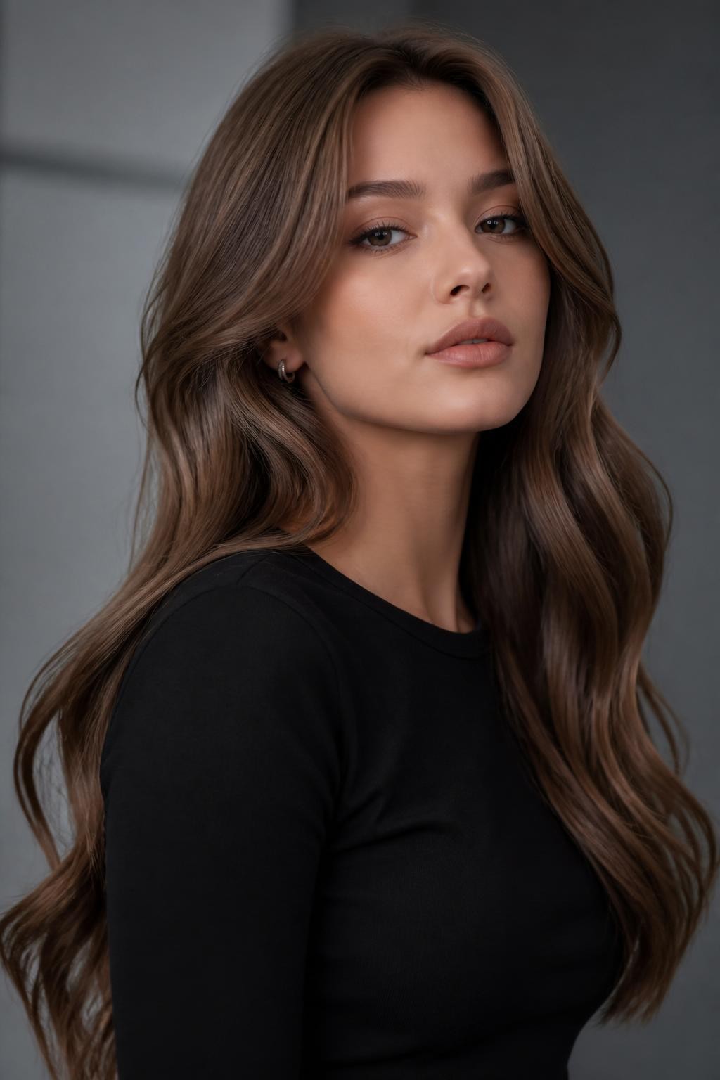 Image Prompt: A stylish woman with fair skin and long mushroom brown hair, cool brown shade with taupe and beige undertones, smooth loose waves, neutral soft makeup, nude matte lips, small silver earrings, fitted black top, clean modern studio background, soft cool lighting, realistic DSLR beauty editorial portrait, detailed mushroom brown color blend and shine, no text, (no watermarks on images)