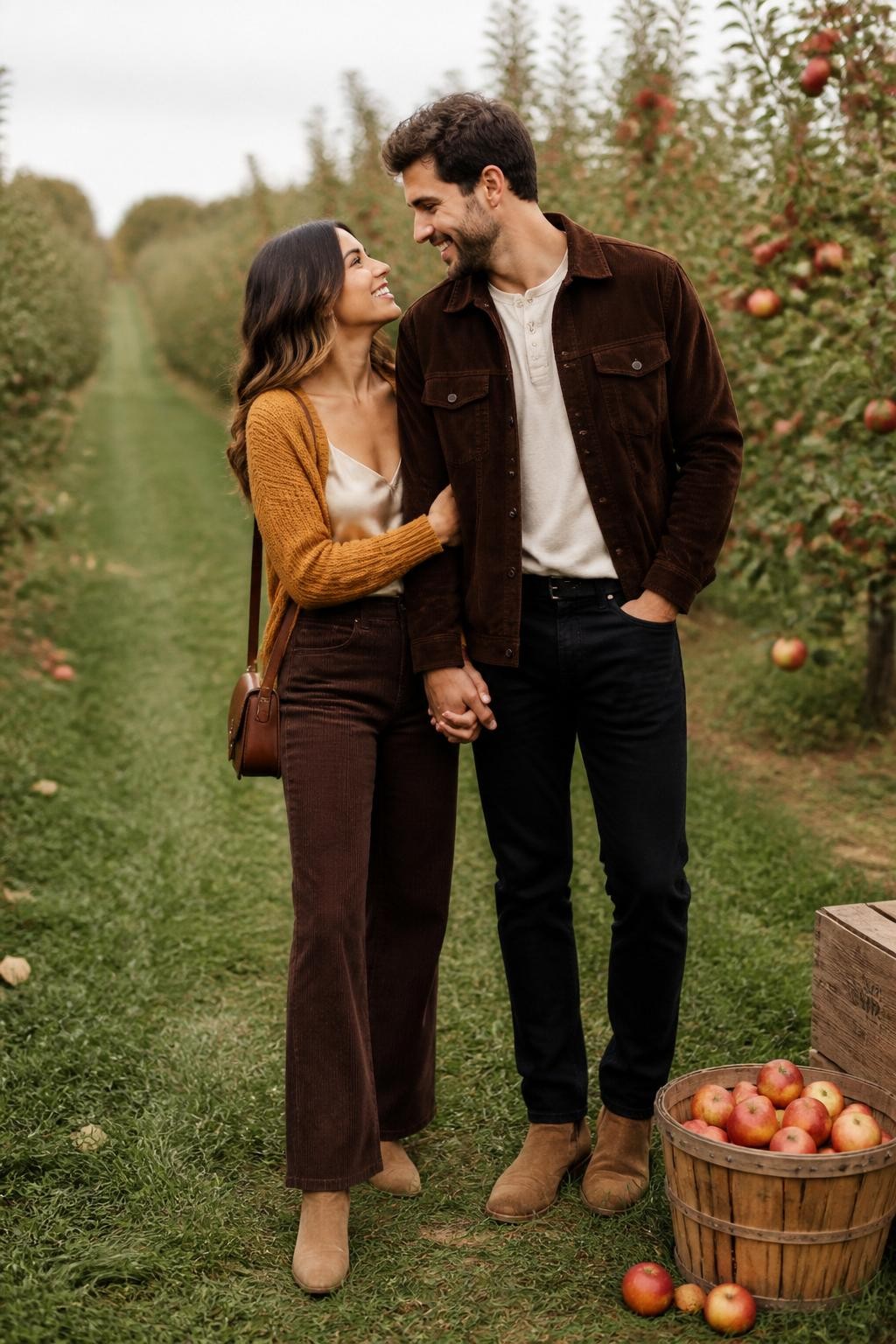 Warm fall couples photoshoot of a woman wearing a mustard cropped cardigan, cream satin camisole, dark brown corduroy wide-leg pants, tan ankle boots, and a brown mini shoulder bag, standing beside her partner wearing a cream henley shirt, dark brown corduroy jacket, black jeans, and tan boots, in an apple orchard with baskets of apples nearby, soft natural daylight, DSLR photo quality, sweet candid pose, beautiful faces visible.