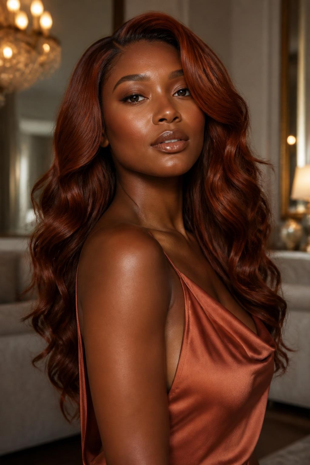 Image Prompt: A gorgeous woman with long deep red copper waves, rich copper hair with strong red undertones, side part, soft loose curls, glowing dark brown skin, soft glam makeup with warm blush and nude gloss, satin rust-colored dress, elegant indoor background, warm diffused lighting, realistic DSLR beauty editorial portrait, detailed shine and color movement, no text, (no watermarks on images)