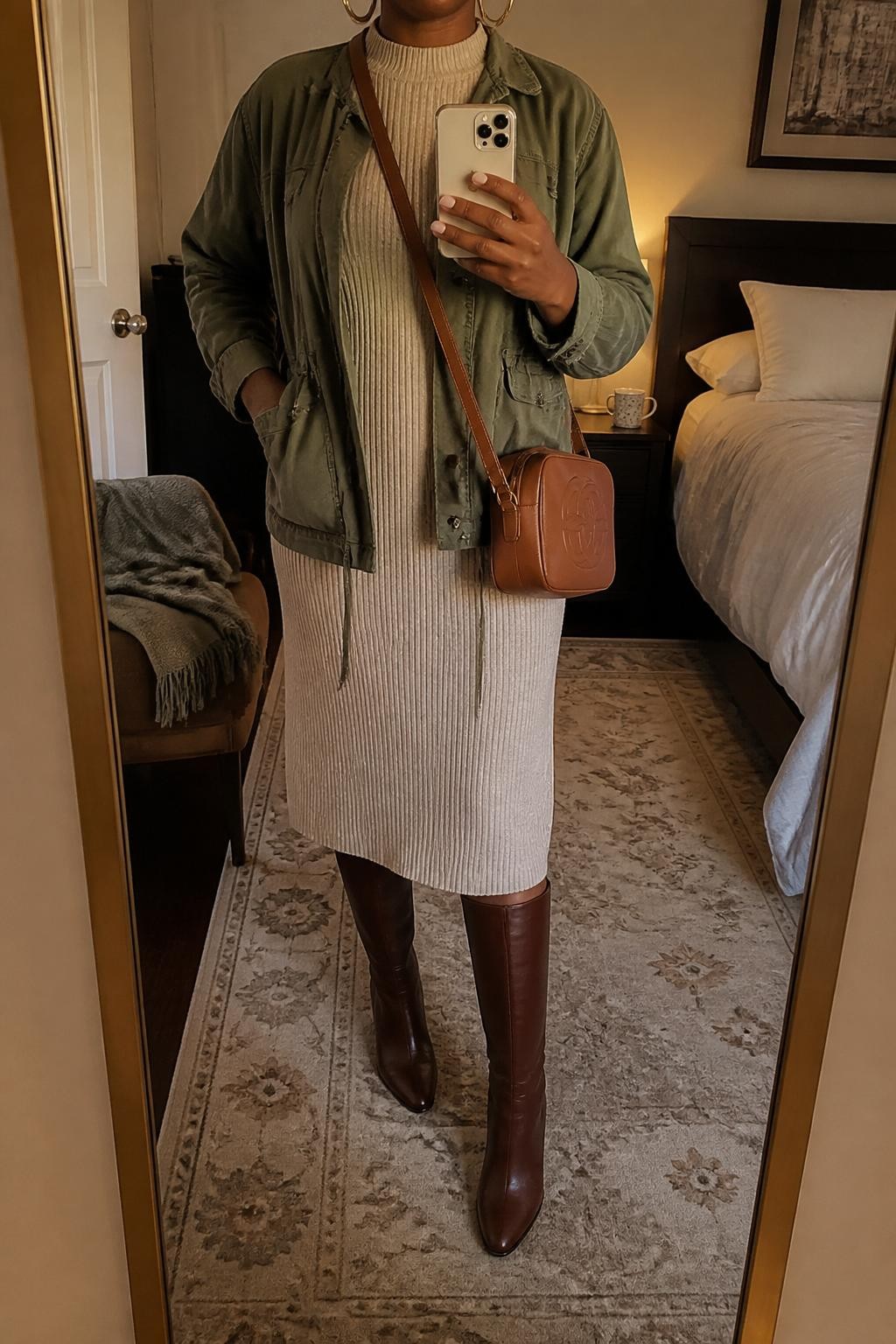 Mirror selfie of a Black woman wearing an olive green utility jacket over an oatmeal ribbed midi sweater dress, clearly showing dark brown knee-high leather boots, a cognac crossbody bag, and chunky gold hoop earrings, holding an iPhone in front of a cozy bedroom mirror setup, cropped at the neck so the face does not show, relaxed casual selfie pose, evening golden hour light, a folded blanket on a chair and a coffee mug on a bedside table, natural unstaged setting, latest iPhone photo quality.