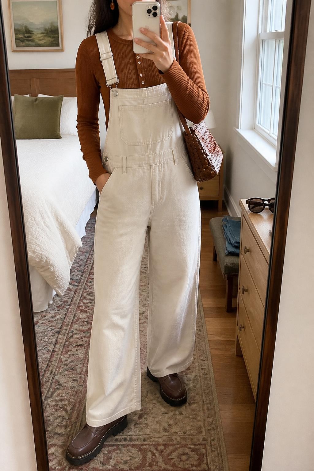 Mirror selfie of a woman wearing ecru wide-leg denim overalls over a fitted rust cropped cardigan buttoned fully underneath, clearly showing dark tan platform loafers, a woven brown handbag, and small amber drop earrings, holding an iPhone in front of a cozy bedroom mirror setup, cropped at the neck so the face does not show, relaxed casual selfie pose, natural window light, folded denim jeans on a bench and sunglasses placed on a dresser, natural unstaged setting, latest iPhone photo quality.