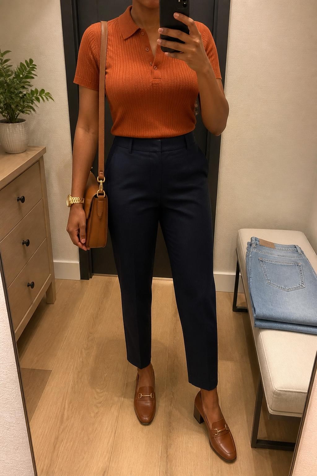 Mirror selfie of a Black woman wearing a rust short-sleeve knit polo, navy tailored ankle trousers, brown block-heel loafers, a gold watch, and a tan satchel bag, cropped at neck so the face does not show, in a minimal dressing room with warm indoor lighting, a small plant on a dresser and folded denim jeans on a bench, realistic latest iPhone photo quality.