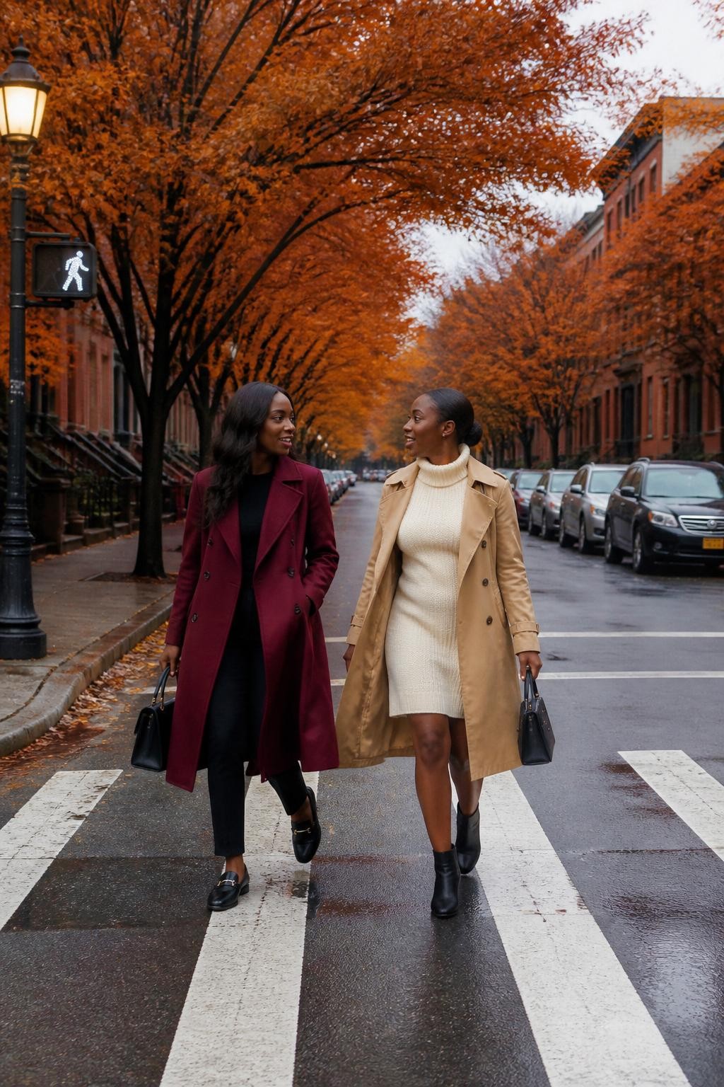 Image Prompt: Two Black female best friends crossing a quiet city street beneath rows of orange-leaved trees, one wearing a long burgundy wool coat over black trousers with loafers, the other wearing a camel trench coat over a cream sweater dress with ankle boots, each carrying a small structured handbag, both looking toward each other mid-conversation while walking across a clearly marked pedestrian crossing, brick townhouses and parked cars in the distance, cloudy afternoon light, photographed from the sidewalk with a DSLR 70mm lens, realistic street reflections, detailed dark skin tones, natural coat movement, believable urban environment, no empty movie-set street, no dangerous traffic.