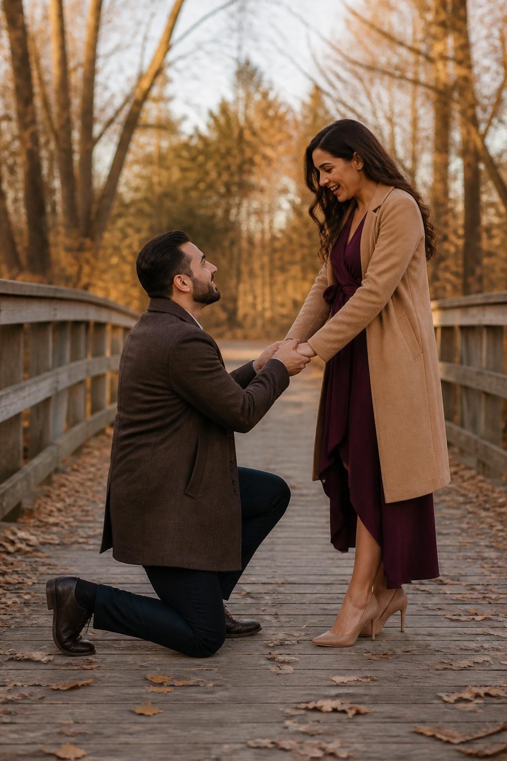 Image Prompt: An elegant couple recreating a proposal moment on a quiet wooden bridge surrounded by late-fall trees, the man kneeling on one knee while holding both of the woman’s hands instead of presenting a ring, the woman leaning slightly toward him with a warm emotional smile, she wears a deep plum wrap dress with a long camel coat and he wears a dark suit with a brown wool overcoat, scattered leaves on the bridge, photographed from the side with a DSLR 70mm lens, soft late-afternoon light, realistic clothing, natural emotion, tasteful engagement photography, no crowd, no dramatic decorations, no oversized ring box.