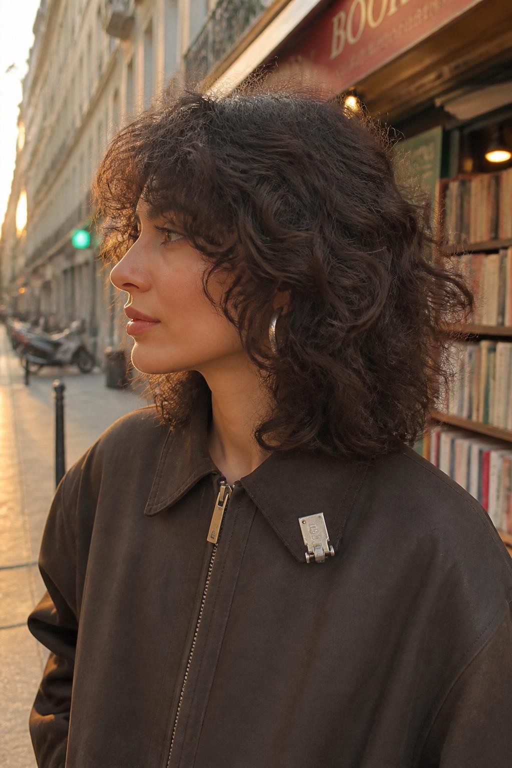 Image prompt: Photo of a woman wearing a shoulder-length curly shag with rounded layers, full crown volume, and soft curly bangs, side profile view, softly blurred city street background near a bookshop, golden hour glow, containing silver hoop earrings peeking through and a hair clip attached to her jacket collar, realistic candid photo, latest iPhone photo quality.
