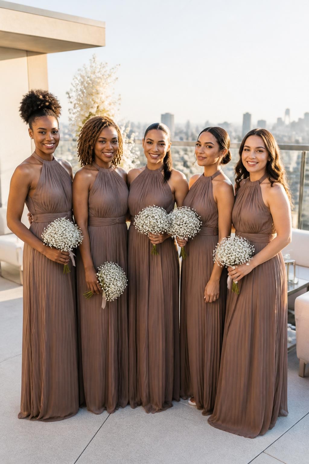 Realistic modern wedding photograph of five bridesmaids wearing cool taupe brown chiffon halter gowns with narrow gathered necklines, fine vertical pleats through the bodices and skirts, and softly tied waistbands, women with deep neutral brown, warm copper, medium brown, golden olive, and fair complexions, different shoulder widths, ages, and body types, bright expressive faces with natural makeup and realistic under-eye texture, hairstyles including a high curly puff, shoulder-length locs, sleek ponytail, low bun, and loose waves, standing on a contemporary rooftop terrace with pale concrete, cream furniture, glass railings, white flowers, and a softly blurred city skyline, late-afternoon sunlight passing naturally through the pleats, crisp editorial DSLR detail.