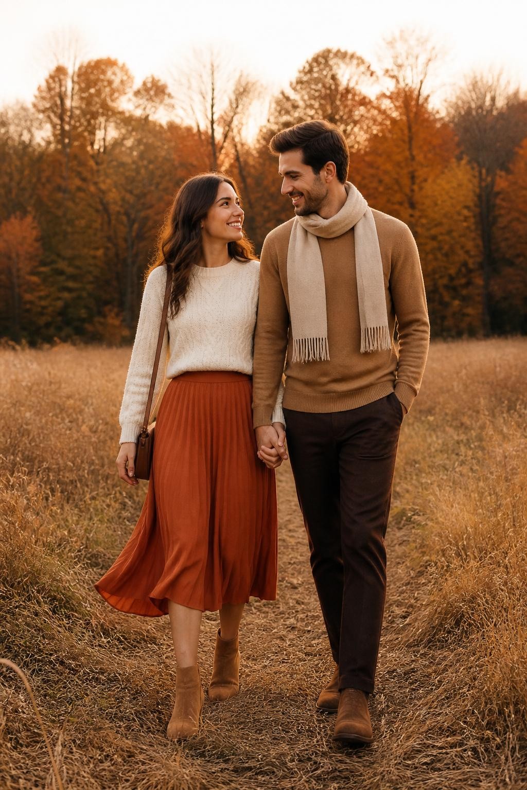 Dreamy fall couples photoshoot of a woman wearing a rust pleated midi skirt, cream cable knit sweater, tan suede ankle boots, and a small brown shoulder bag, standing with her partner wearing a camel crewneck sweater, dark brown trousers, cream scarf, and brown suede boots, walking through a field with tall dry grass and fall trees behind them, golden hour lighting, DSLR photo quality, soft romantic movement, beautiful faces visible.