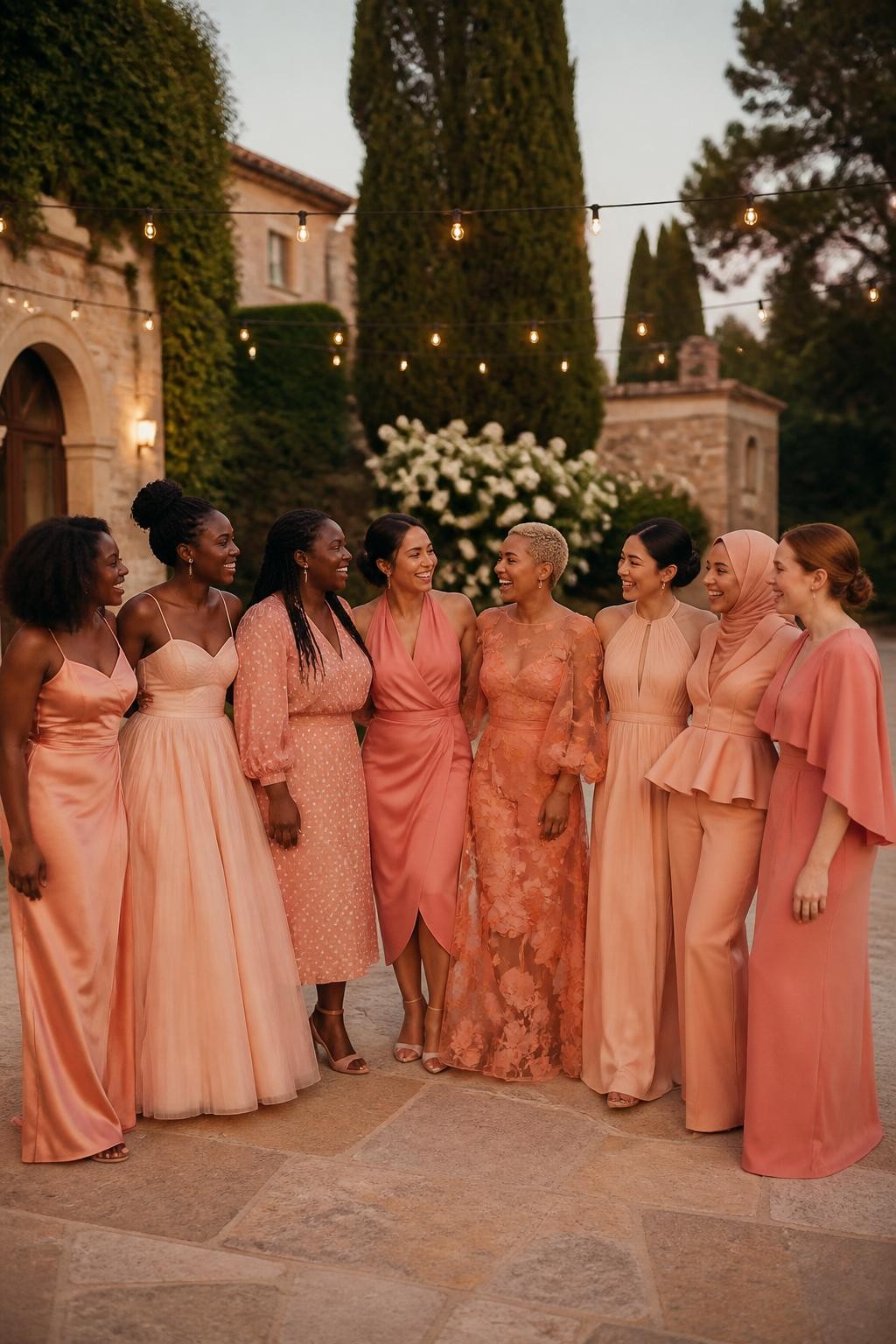 Realistic large bridal-party photograph of eight bridesmaids wearing intentionally coordinated dresses in pale peach, peach sorbet, apricot, coral peach, rose peach, muted nectarine, peach champagne, and soft terracotta-peach, fabrics including liquid satin, plissé chiffon, matte crepe, floral organza, tonal jacquard, silk faille, airy chiffon, and structured twill, silhouettes including a twisted satin column, basque-waist ballerina gown, polka-dot midi, tulip-skirt dress, sculpted-poppy organza gown, open-back halter, tailored peplum set, and cape-sleeve column, women with very deep, deep brown, reddish brown, golden, olive, tan, East Asian fair, and pale freckled skin tones, broad representation of ages, heights, and body shapes, bright beautiful faces and genuine laughter, hairstyles including natural coils, braids, locs, waves, sleek buns, short cuts, and a softly styled hijab, standing in a lush estate courtyard with cream stone, mature trees, ivory flowers, and warm string lights, every fabric reacting differently to the evening light, realistic spacing, natural hands, candid movement, and believable proportions.