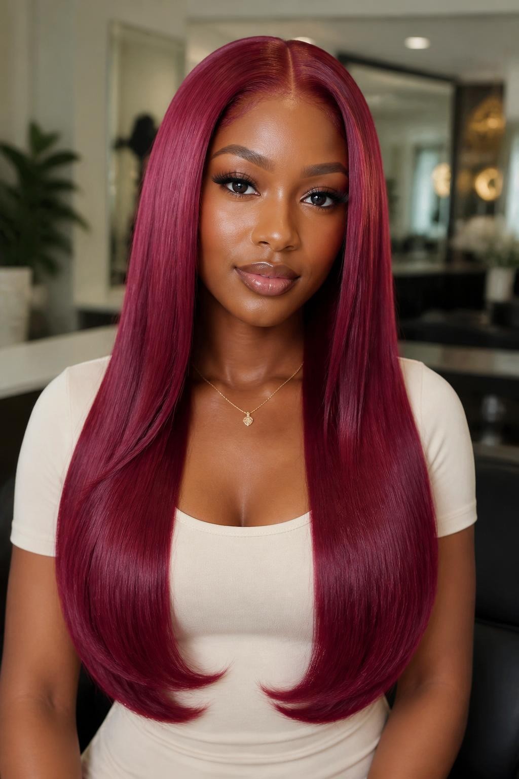 Image Prompt: A stunning woman with a long sleek silk press dyed glossy raspberry red, center part, silky straight strands with smooth shine, softly curled-under ends, warm deep brown skin, clean soft glam makeup, glossy nude lips, small gold necklace, fitted cream top, luxury salon-inspired background, soft even lighting, waist-up beauty portrait, realistic DSLR quality, detailed straight hair shine and raspberry-red color depth, no text, (no watermarks on images)