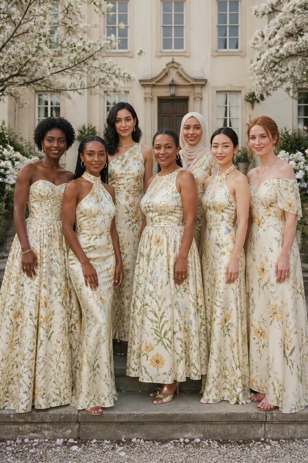 Realistic spring estate wedding photograph of seven bridesmaids wearing warm cream dresses printed with painterly butter yellow ranunculus, pale lemon blossoms, sage leaves, soft blue wildflowers, and fine green vines, silhouettes including a corseted A-line gown, scarf-neck satin slip, one-shoulder column, ankle-length full skirt, halter dress, cape-sleeve gown, and softly draped off-shoulder style, women with very deep brown, rich brown, reddish brown, golden tan, South Asian olive, East Asian fair, and pale freckled skin tones, naturally varied ages, heights, and body shapes, bright beautiful faces with distinct features and realistic skin texture, hairstyles including coils, locs, braids, polished bobs, sleek buns, waves, and a neatly styled hijab, standing on the steps of a cream manor surrounded by white roses and flowering trees, diffused daylight showing the botanical print accurately and preserving natural skin tones.
