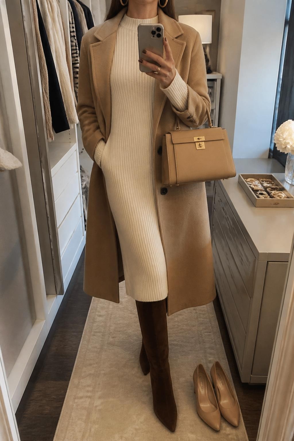 mirror selfie of a woman wearing the exact outfit described above, clearly showing chocolate brown suede knee-high boots, a cream ribbed sweater midi dress with long sleeves, a camel wool coat worn open, a tan structured handbag, and gold hoop earrings, holding a phone in front of a mirror, cropped at NECK so the face does not show, with a relaxed casual selfie pose, in a walk-in closet mirror, soft indoor lighting, with a jewelry tray on the vanity and a pair of heels on the floor nearby, latest iPhone photo quality.