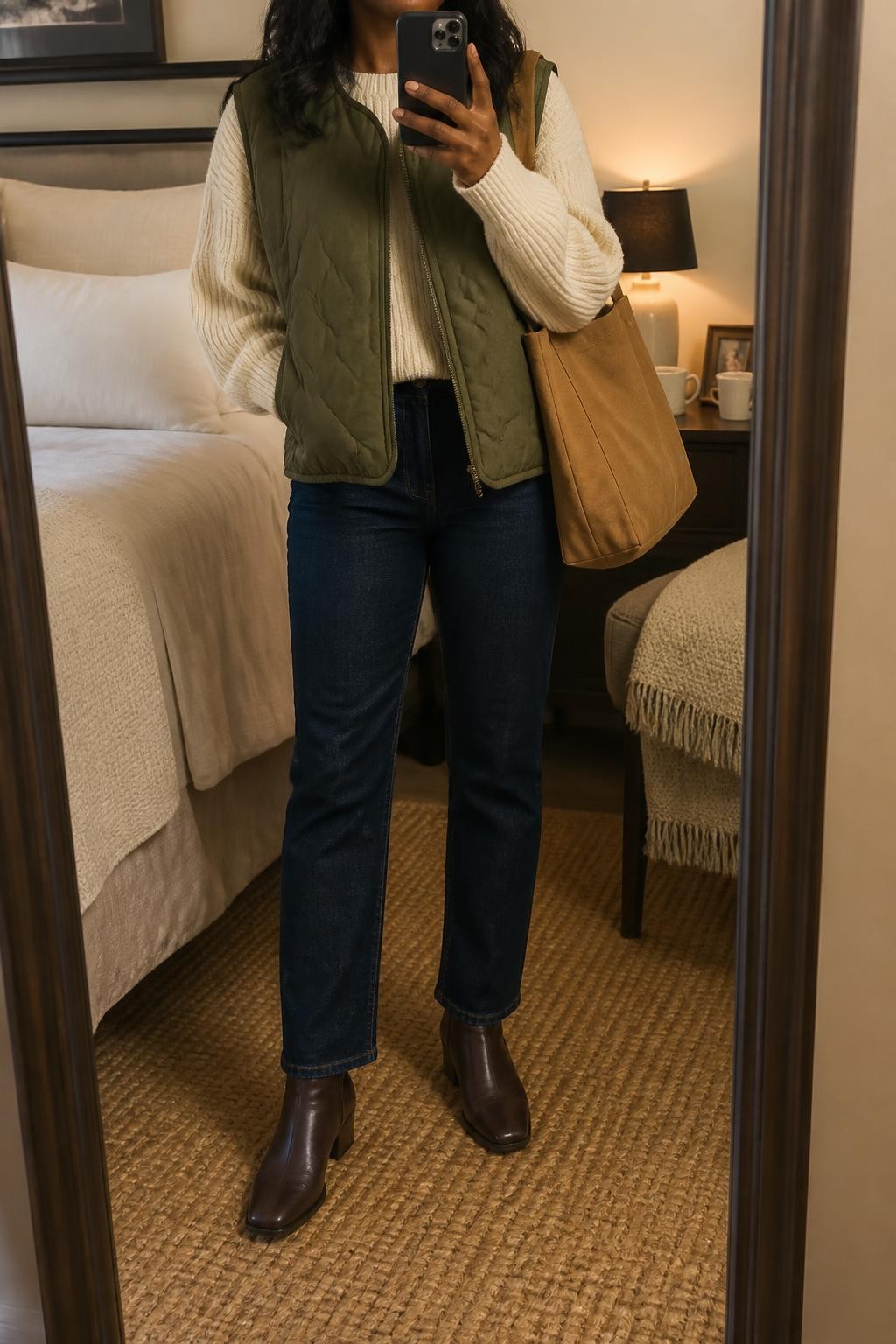 Mirror selfie of a Black woman wearing an olive-green quilted vest over an oversized cream ribbed sweater, dark indigo straight-leg jeans, chocolate-brown leather ankle boots, and a tan canvas tote bag, clearly showing the exact clothing items, colors, fabrics, and accessories listed, holding a phone in front of a cozy bedroom mirror setup, cropped at the neck so the face does not show, relaxed casual selfie pose, warm moody lighting, a coffee mug on a bedside table and a folded blanket on a chair, realistic lived-in setting, latest iPhone photo quality.
