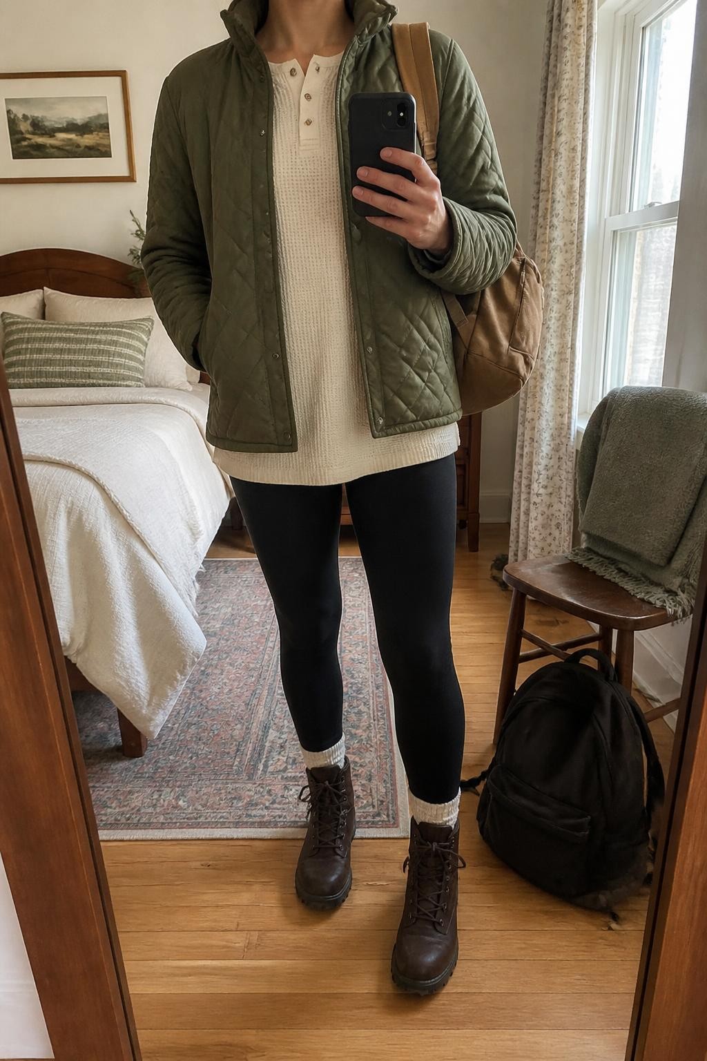 Mirror selfie of a woman wearing an olive-green quilted jacket over an oversized cream waffle-knit henley, matte black fleece-lined thermal leggings, dark brown waterproof lace-up hiking boots, and a tan canvas backpack, clearly showing the exact clothing items, colors, fabrics, and accessories listed, holding a phone in front of a cozy bedroom mirror setup, cropped at the neck so the face does not show, relaxed casual selfie pose, natural window light, a folded blanket on a chair and a backpack resting on the floor, natural and uncluttered, latest iPhone photo quality.