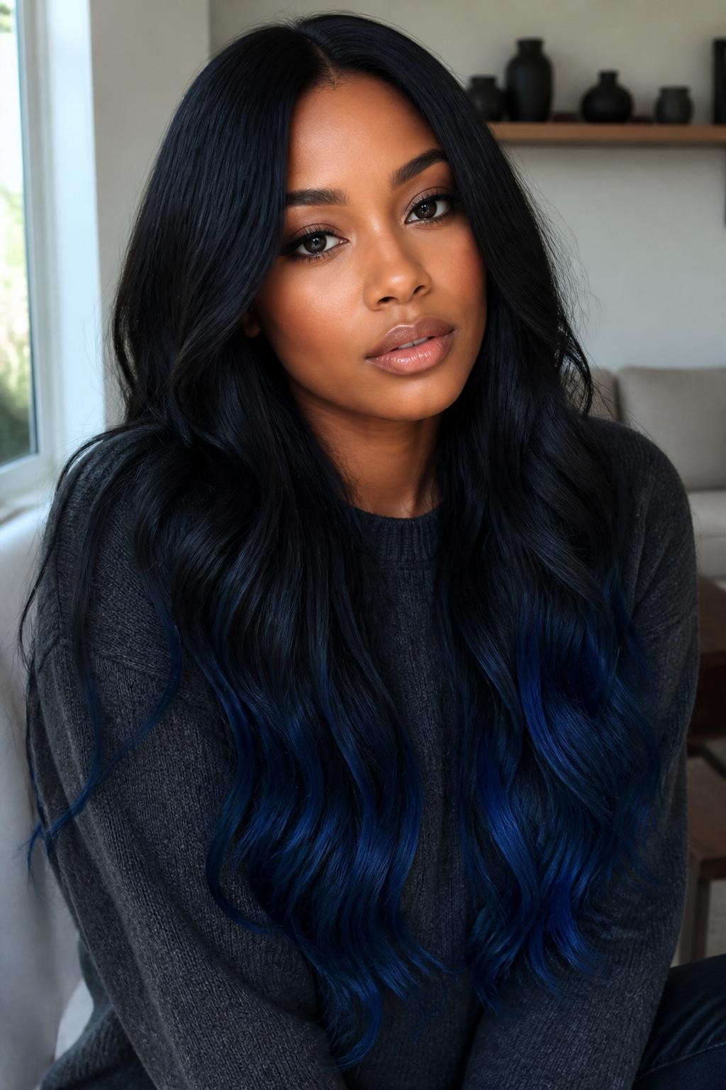 Image Prompt: A beautiful woman with long black hair fading into midnight blue ombre ends, glossy black roots and mid-lengths blending into deep navy-blue tips, soft loose waves, medium-deep skin tone, soft glam makeup, nude gloss, charcoal sweater, cozy indoor background, soft natural window light, realistic beauty editorial photo, smooth dark-to-blue color transition, no text, (no watermarks on images)