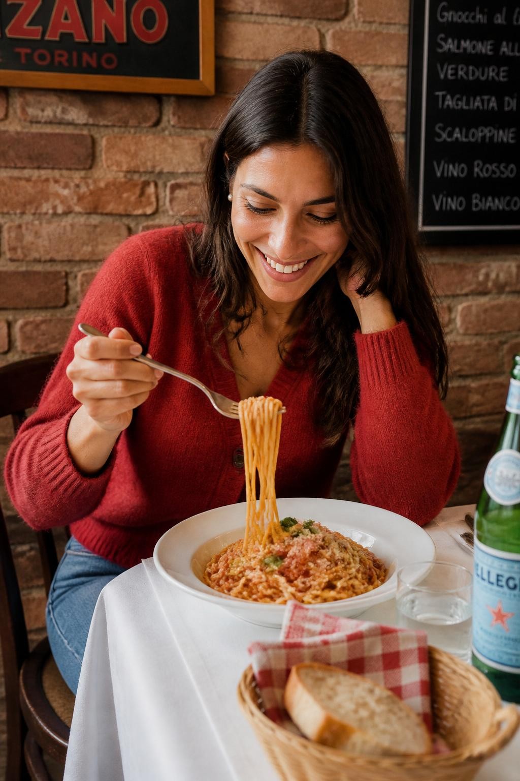 Image prompt: A cheerful DSLR restaurant photo of an adult woman with olive skin sitting at a cozy Italian restaurant table, wearing a soft red cardigan, straight-leg jeans, and small pearl earrings, twirling spaghetti around a fork while laughing down at the plate, one elbow lightly resting near the table edge, tomato pasta in a white bowl, grated cheese, bread basket, checkered napkin, sparkling water, warm brick wall behind her, realistic pasta texture, soft shadows, candid dinner mood, natural restaurant lifestyle photography.