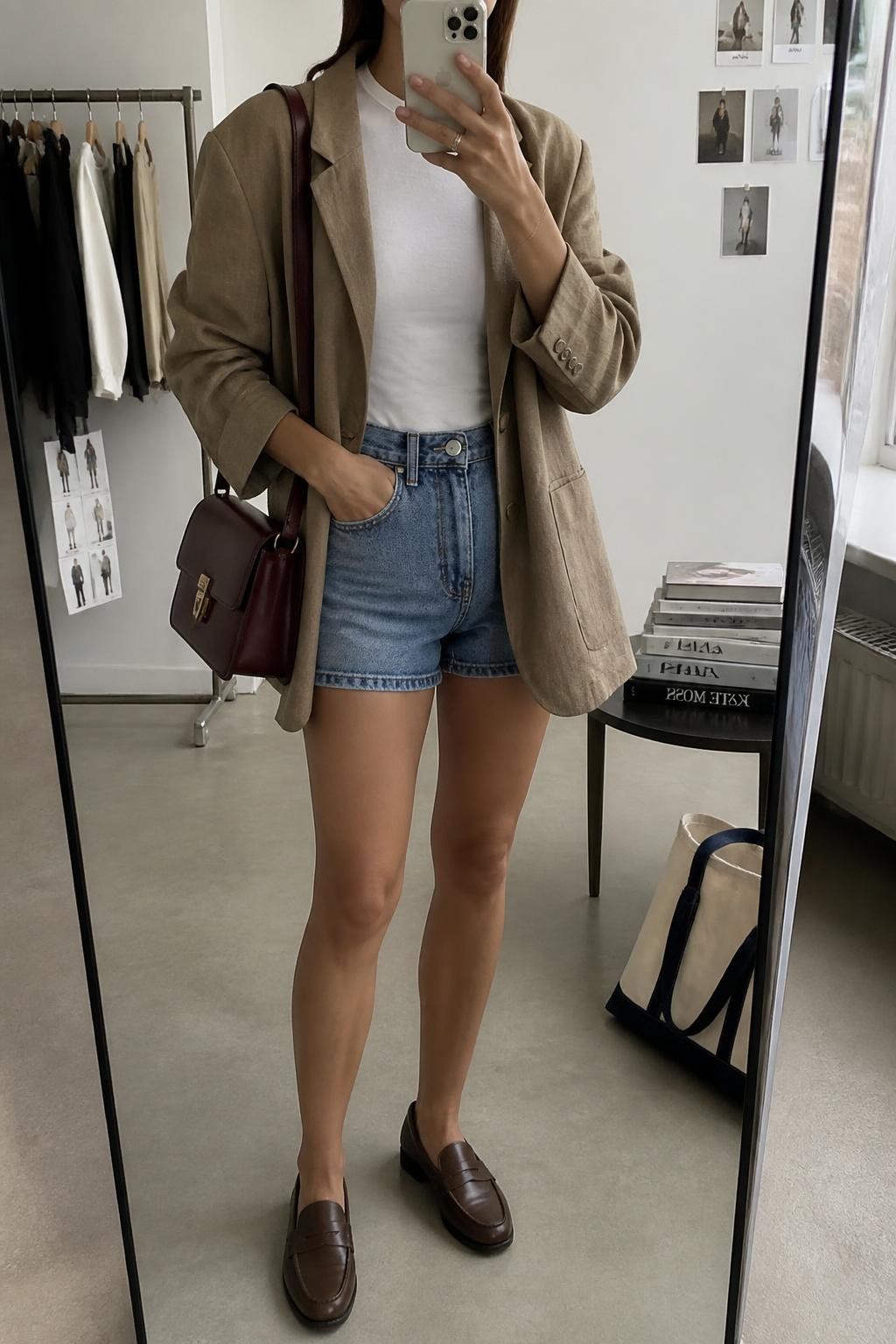 Mirror selfie of a woman wearing an oversized camel linen-blend blazer, fitted white crew-neck T-shirt, medium-wash high-waisted denim shorts, dark brown leather loafers, and a structured burgundy shoulder bag, clearly showing the exact clothing items, colors, fabrics, and accessories listed, holding a phone in front of a fashion studio mirror corner, cropped at the neck so the face does not show, relaxed casual selfie pose, soft indoor lighting, a stack of fashion magazines on a side table and a tote bag resting on the floor, natural editorial setting, latest iPhone photo quality.