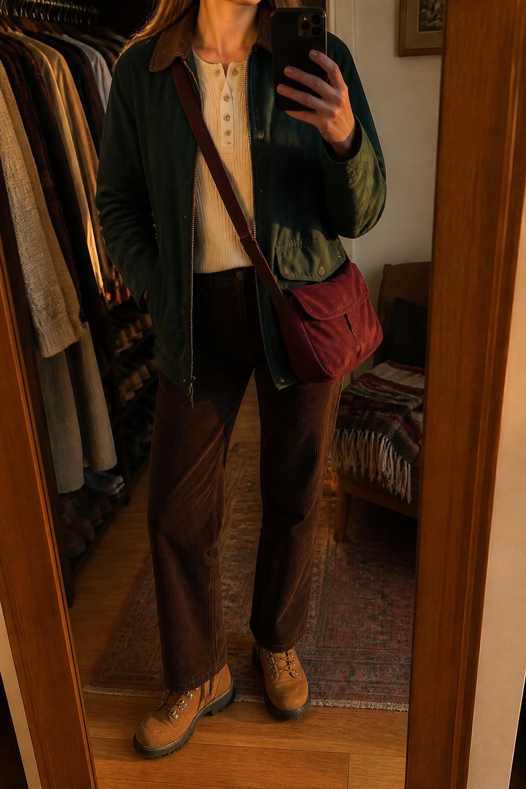Mirror selfie of a woman wearing a forest-green barn jacket with a chocolate-brown corduroy collar, fitted cream thermal henley, dark brown straight-leg corduroy pants, tan leather hiking boots, and a burgundy canvas crossbody bag, clearly showing the exact clothing items, colors, fabrics, and accessories listed, holding a phone in front of a walk-in closet mirror, cropped at the neck so the face does not show, relaxed casual selfie pose, evening golden-hour lighting, an open closet with clothes visible and a folded blanket on a chair, warm natural environment, latest iPhone photo quality.