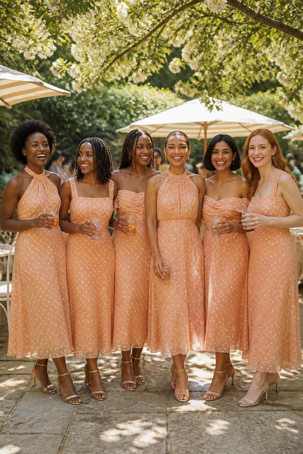 Realistic summer garden wedding photograph of six bridesmaids wearing peach chiffon midi dresses printed with small cream polka dots, necklines varying between softly gathered halters, square necks, and off-shoulder drapes, fitted waistbands, and light skirts ending near the lower calf, women with deep ebony, rich brown, reddish brown, golden tan, South Asian olive, and fair freckled skin tones, varied ages, heights, and body shapes, bright smiling faces with realistic skin texture and light summer makeup, hairstyles including natural coils, shoulder-length locs, long braids, sleek bun, short bob, and loose waves, standing beneath flowering trees at a garden reception with white bistro chairs, striped cream parasols, iced drinks, and pale stone paths, soft filtered sunlight showing the print clearly, natural chiffon transparency, gentle skirt movement, and elegant low heels.
