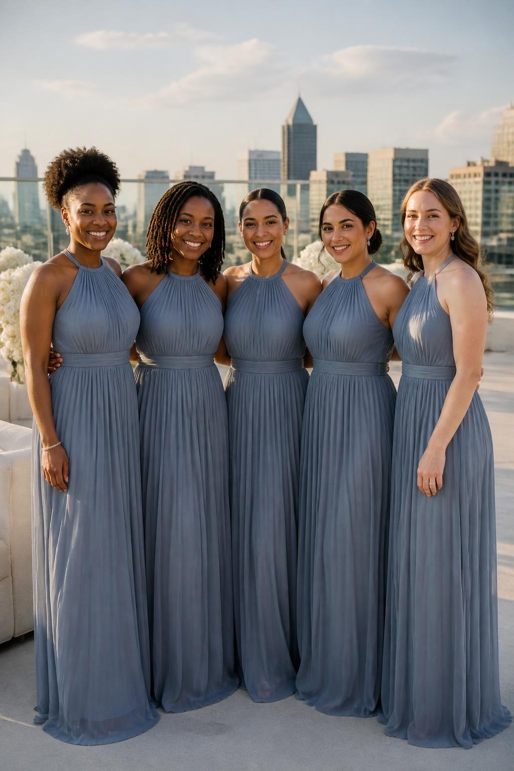 Realistic contemporary wedding photograph of five bridesmaids wearing blue-grey dusty blue chiffon halter gowns with narrow gathered necklines, fine vertical pleats through the bodices and skirts, and softly tied waistbands, women with deep neutral brown, warm copper, medium brown, golden olive, and fair complexions, different shoulder widths, ages, and body types, bright expressive faces with natural makeup and realistic under-eye texture, hairstyles including a high curly puff, shoulder-length locs, sleek ponytail, low bun, and loose waves, standing on a rooftop terrace with pale concrete, glass railings, white flowers, cream furniture, and a softly blurred city skyline, late-afternoon sunlight passing naturally through the pleats, crisp editorial DSLR detail.