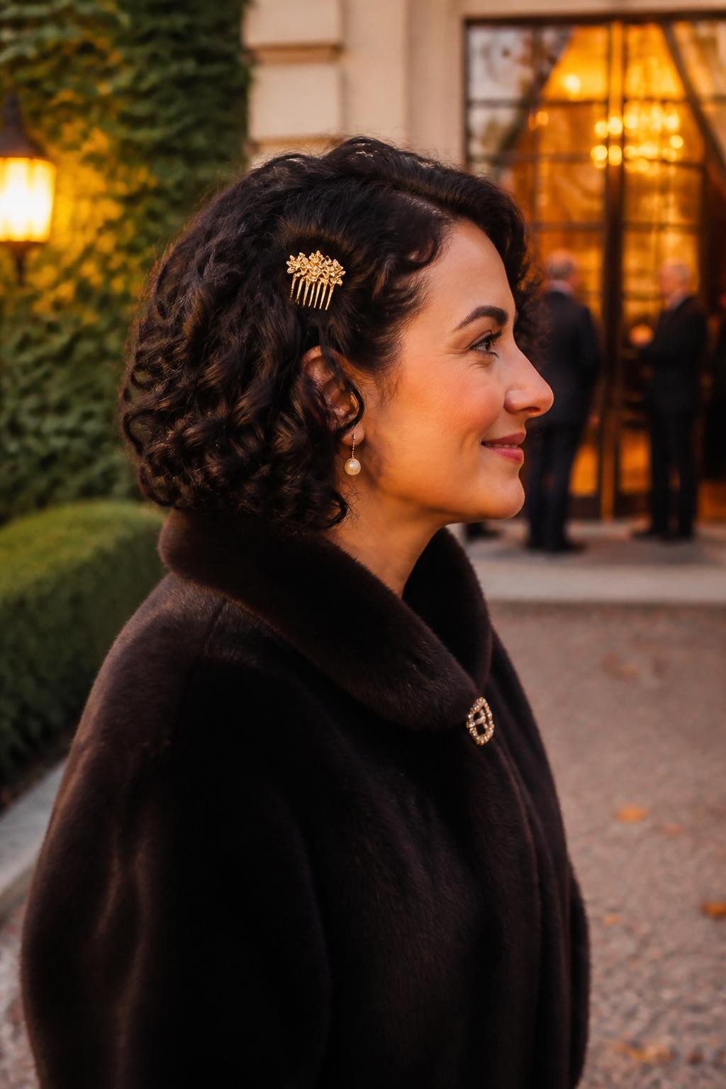 Image prompt: Photo of a woman wearing a rounded curly faux bob with tucked ends and a small vintage gold comb near one temple, side profile view, softly blurred wedding venue entrance with warm evening lights, golden hour glow, containing drop earrings peeking through and a hair clip attached to her coat collar, realistic candid fall wedding photo, latest iPhone photo quality.