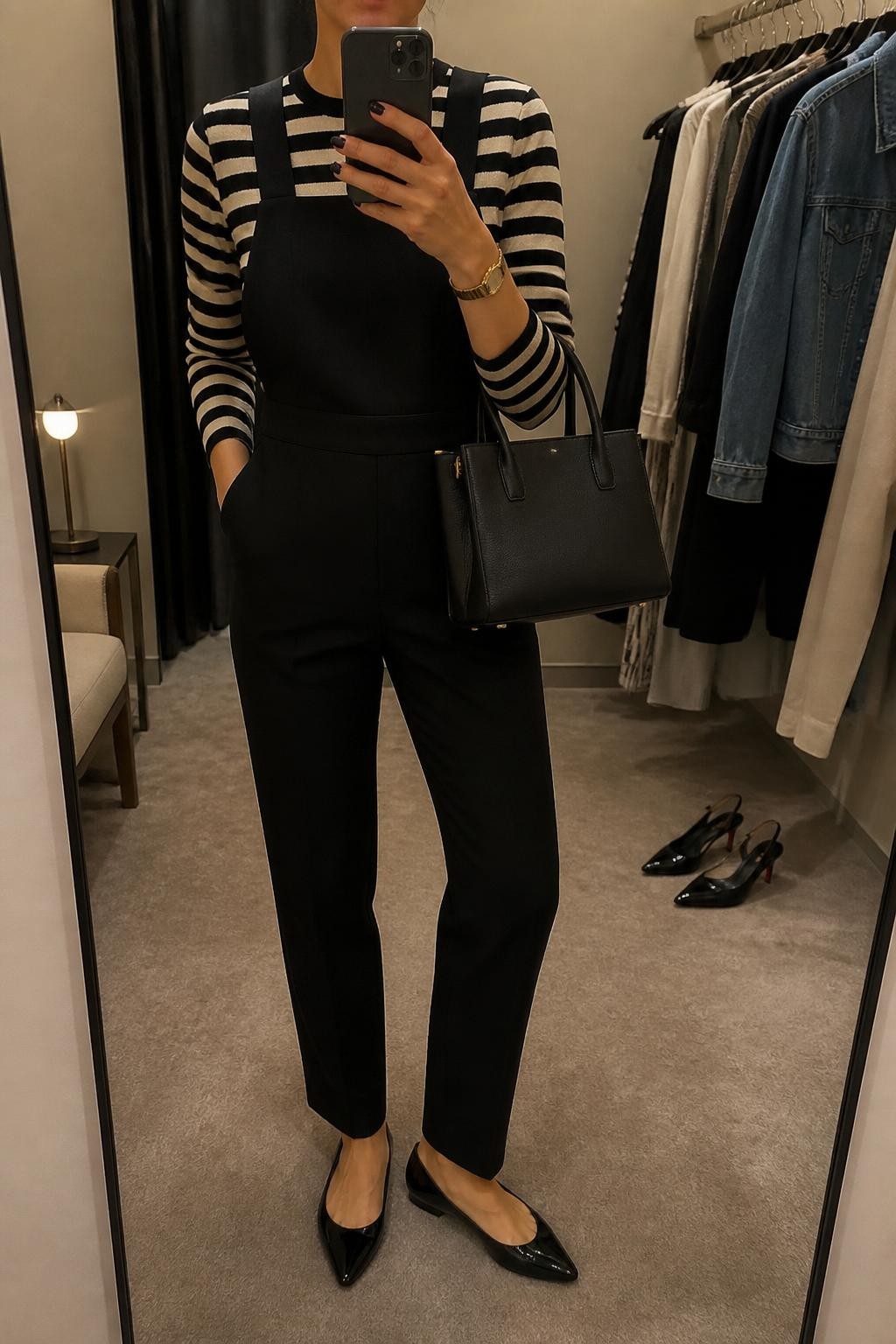 Mirror selfie of a woman wearing black tailored overalls with slim trousers over a fitted black-and-cream striped fine-knit top, clearly showing polished black pointed-toe flats, a structured black mini tote, and a slim gold wristwatch, holding an iPhone in front of a minimal dressing room mirror, cropped at the neck so the face does not show, relaxed casual selfie pose, warm moody lighting, a clothing rack with garments behind and a pair of heels on the floor nearby, natural unstaged setting, latest iPhone photo quality.
