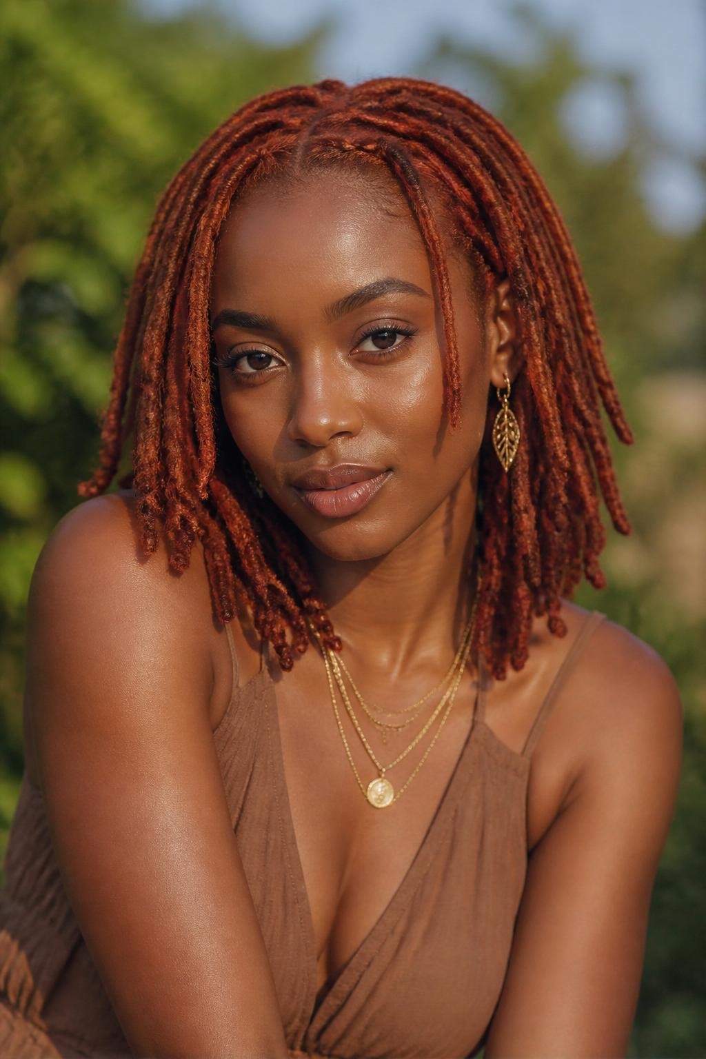Image Prompt: A stunning woman with shoulder-length red copper locs, neatly maintained loc texture, warm copper-red color with soft shine, a few locs framing the face, deep brown skin, natural glowing makeup, layered gold necklaces, earth-tone dress, outdoor natural setting with softly blurred greenery, warm sunlight, realistic lifestyle editorial portrait, detailed loc texture and warm color, no text, (no watermarks on images)