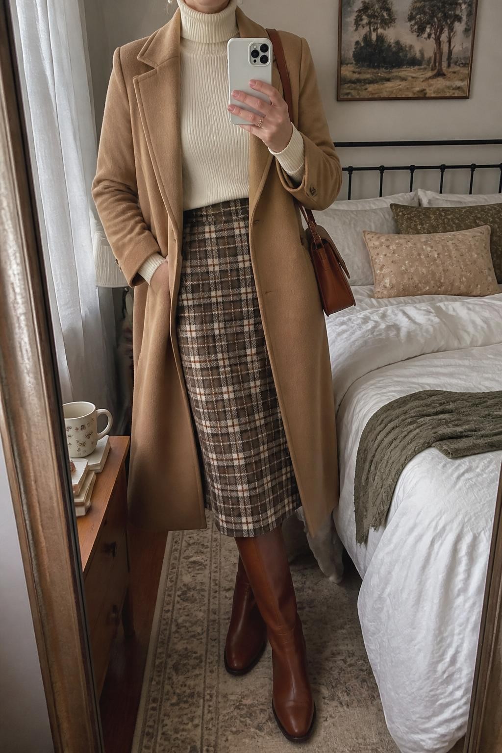 mirror selfie of a woman wearing the exact outfit described above, clearly showing cognac brown riding boots, a brown and cream plaid midi skirt, a fitted cream turtleneck sweater, a camel long coat, a tan leather satchel bag, and pearl stud earrings, holding a phone in front of a mirror, cropped at NECK so the face does not show, with a relaxed casual selfie pose, in a cozy bedroom mirror setup, natural window light, with soft pillows on an unmade bed and a coffee mug on a bedside table, latest iPhone photo quality.