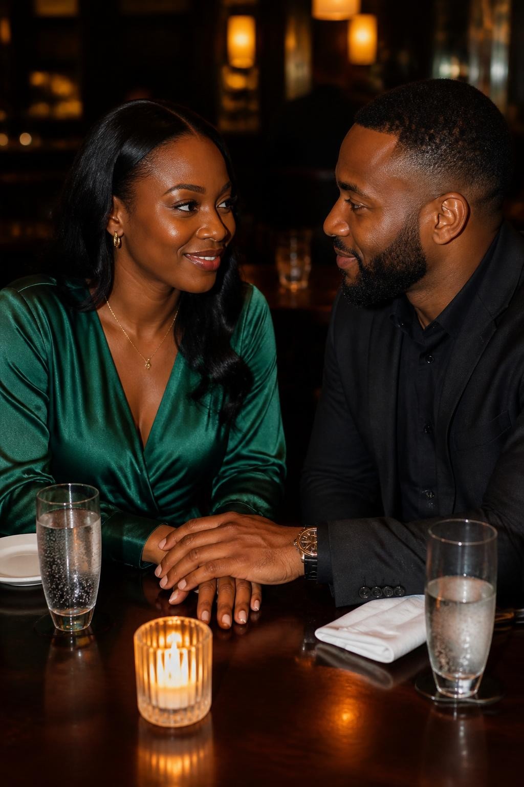 Image prompt: A romantic restaurant DSLR photo of an adult couple sitting across from each other at a small candlelit table, featuring a Black woman with deep brown skin wearing a satin emerald blouse and delicate gold jewelry, her hand resting on the table while her partner places his hand gently over hers, both smiling softly, wine glasses replaced with sparkling water glasses, small plates, folded napkins, candle glow, dark wood table, warm restaurant background blur, realistic skin texture, soft shadows, tasteful date-night couple photography.