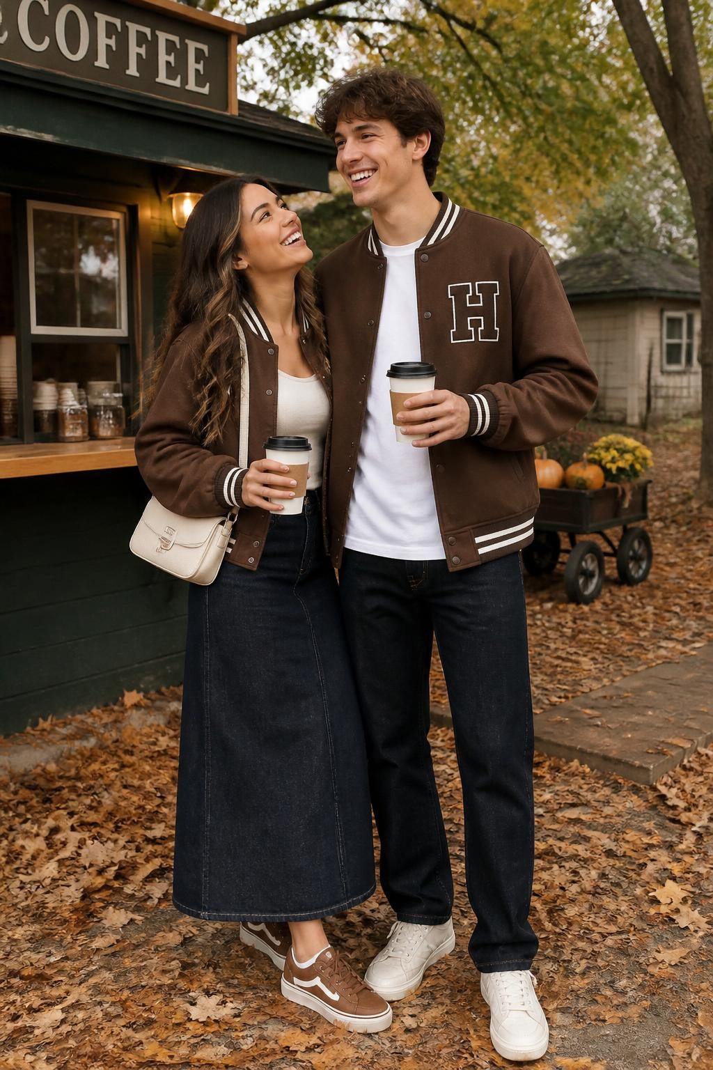 Trendy fall couples photoshoot of a woman wearing a dark denim maxi skirt, cream fitted long-sleeve top, brown cropped varsity jacket, brown platform sneakers, and a mini cream shoulder bag, standing with her partner wearing a brown varsity jacket, white tee, dark jeans, and cream sneakers, at an outdoor coffee stand with fallen leaves and warm cups in hand, natural afternoon light, DSLR photo quality, casual laughing pose, beautiful faces visible.