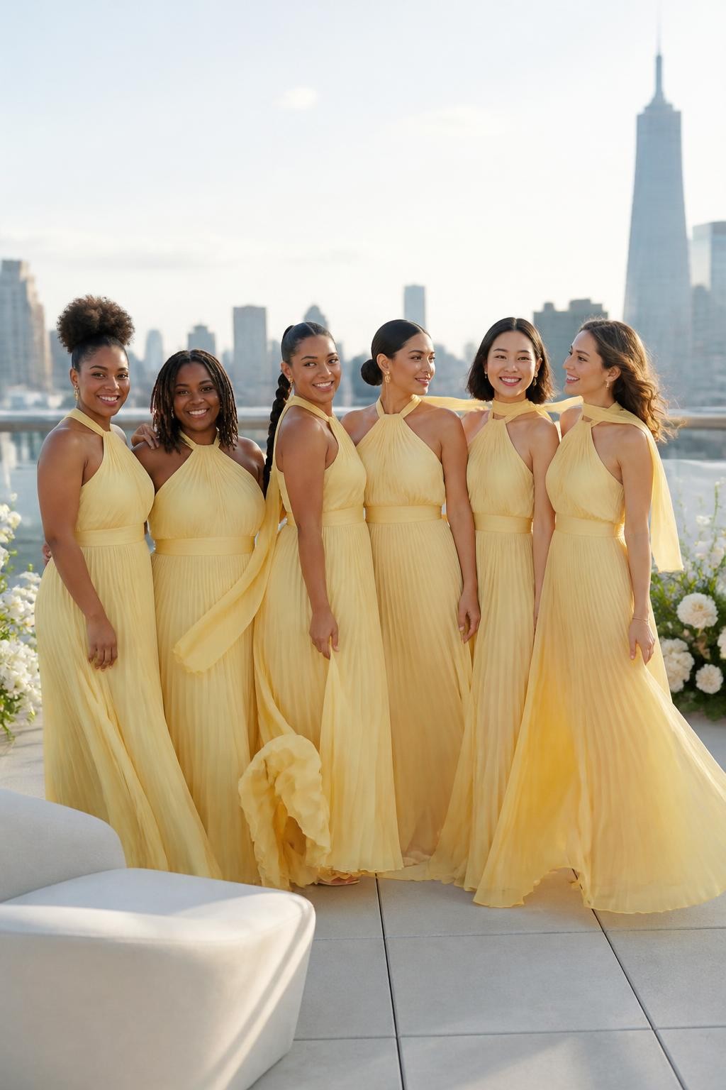Realistic rooftop wedding photograph of six bridesmaids wearing fine pleated butter yellow chiffon gowns with softly gathered halter and asymmetric necklines, long narrow scarf tails flowing from the back of the neck or one shoulder, fitted waistbands, and airy floor-length skirts, women with deep neutral brown, warm copper, rich medium brown, golden olive, East Asian fair, and pale peach complexions, varied ages, heights, shoulder widths, and body types, bright expressive faces with realistic under-eye texture and individually suited makeup, hairstyles including a high curly puff, shoulder-length locs, braided ponytail, sleek low bun, glossy bob, and loose waves, standing on a modern rooftop terrace with pale stone, cream furniture, white flowers, and a softly blurred skyline, late-afternoon wind moving the scarf tails and pleated skirts naturally, believable chiffon transparency, accurate yellow tones and realistic shadows.