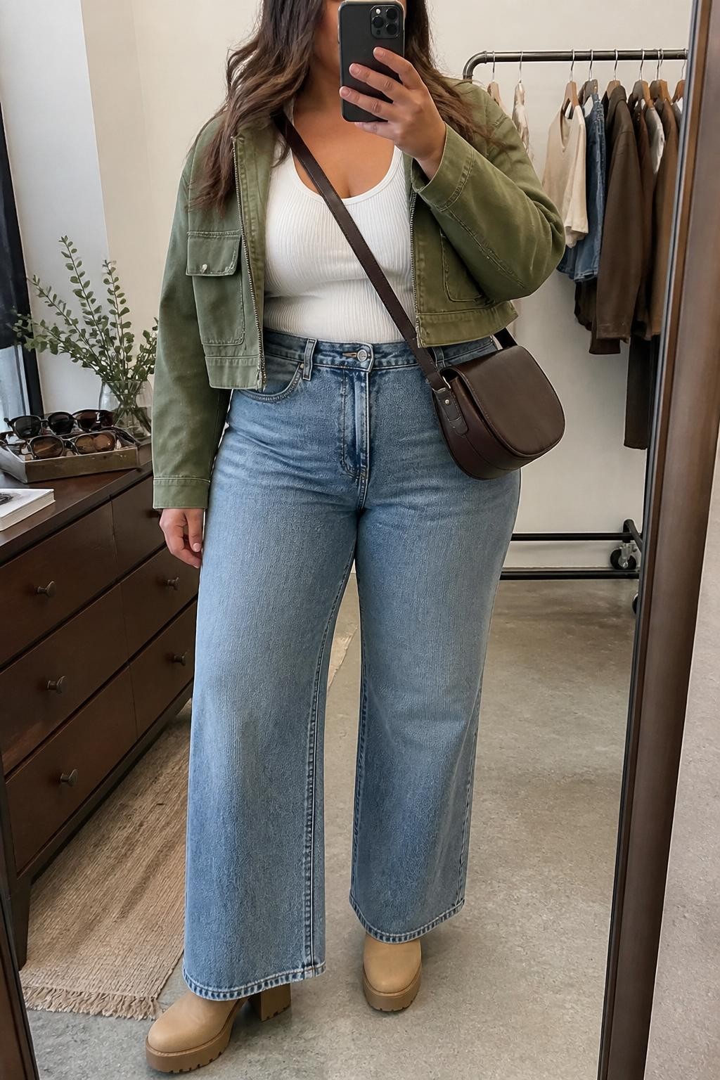 Mirror selfie of a plus size woman wearing vintage medium-wash high-waisted wide-leg jeans, a fitted white ribbed scoop-neck tank top, a cropped olive green cotton utility jacket worn open, tan platform ankle boots, and a dark brown leather crossbody bag, clearly showing the exact clothing items, denim wash, white ribbed top, olive jacket, colors, footwear, and accessories listed, holding a phone in front of a mirror, cropped at the neck so her face is hidden, relaxed casual selfie pose, in a fashion studio mirror corner with soft indoor lighting, a clothing rack with garments behind her and sunglasses placed on a dresser, realistic transitional-season outfit, latest iPhone photo quality.
