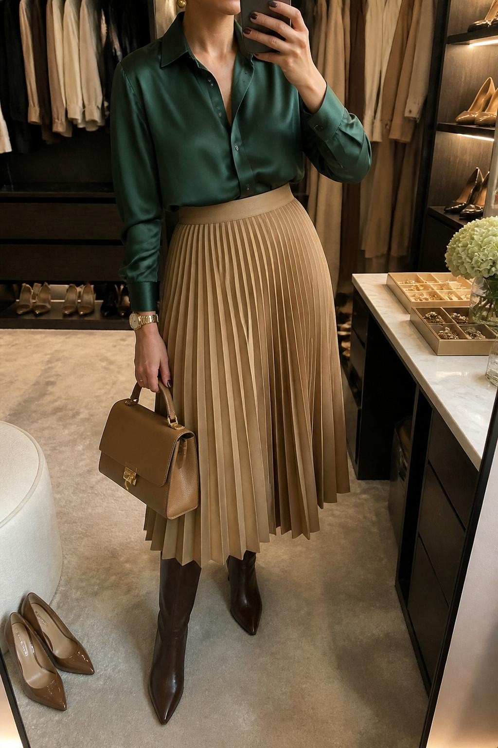Mirror selfie of a woman wearing a forest green satin blouse, camel pleated midi skirt, brown knee-high boots, gold stud earrings, and a structured tan handbag, cropped at neck so the face does not show, in a walk-in closet mirror with warm moody lighting, a pair of heels on the floor nearby and a jewelry tray on the vanity, realistic latest iPhone photo quality.