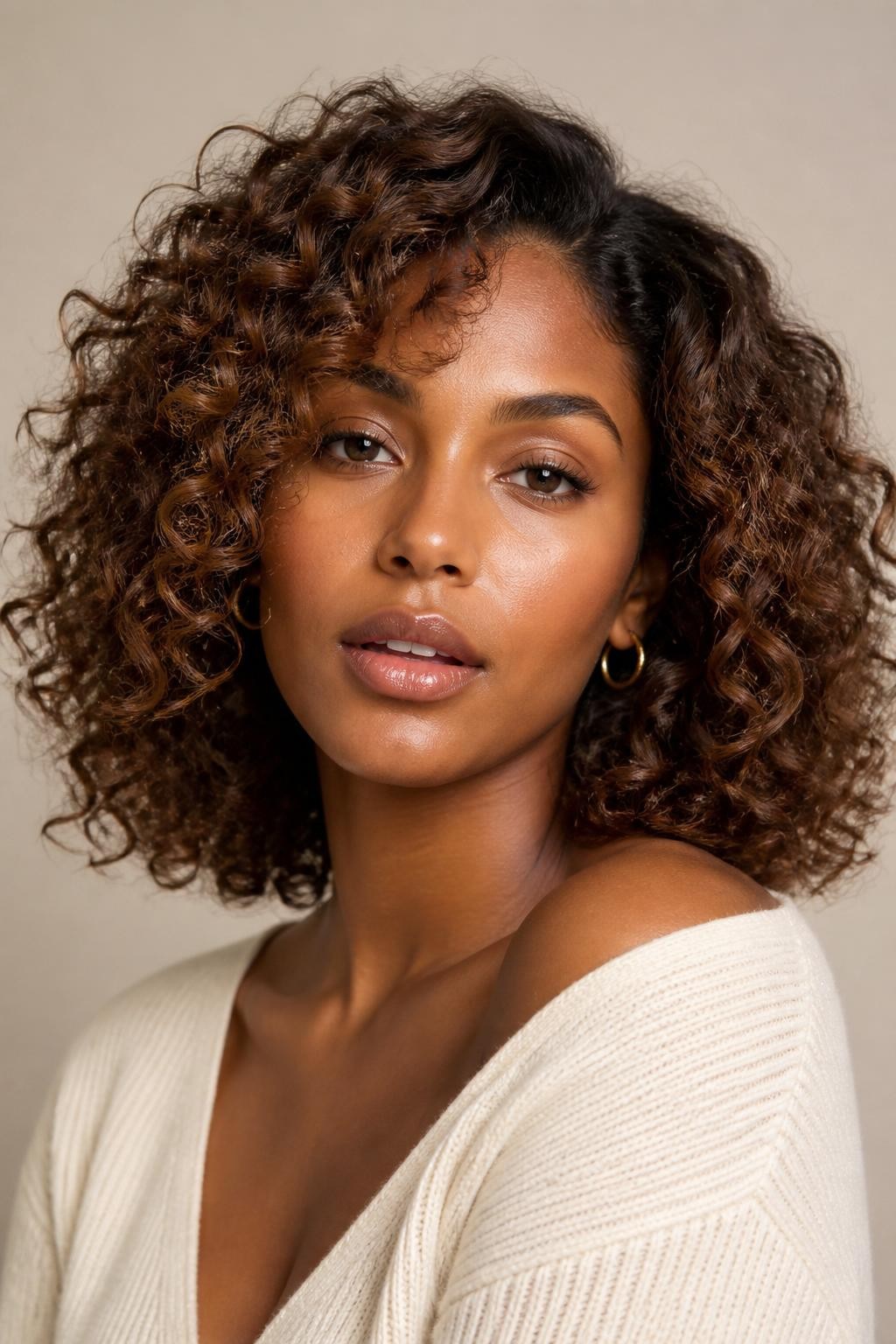 Image Prompt: A beautiful woman with shoulder-length milk brown curls, soft creamy brown hair color with subtle caramel-beige warmth, defined spiral curls with healthy volume, medium-deep brown skin, natural glowing makeup, glossy nude lips, small gold hoops, cream knit top, clean neutral studio background, soft diffused lighting, close-up beauty editorial portrait, realistic DSLR photo, crisp curl texture and soft brown shine, no text, (no watermarks on images)