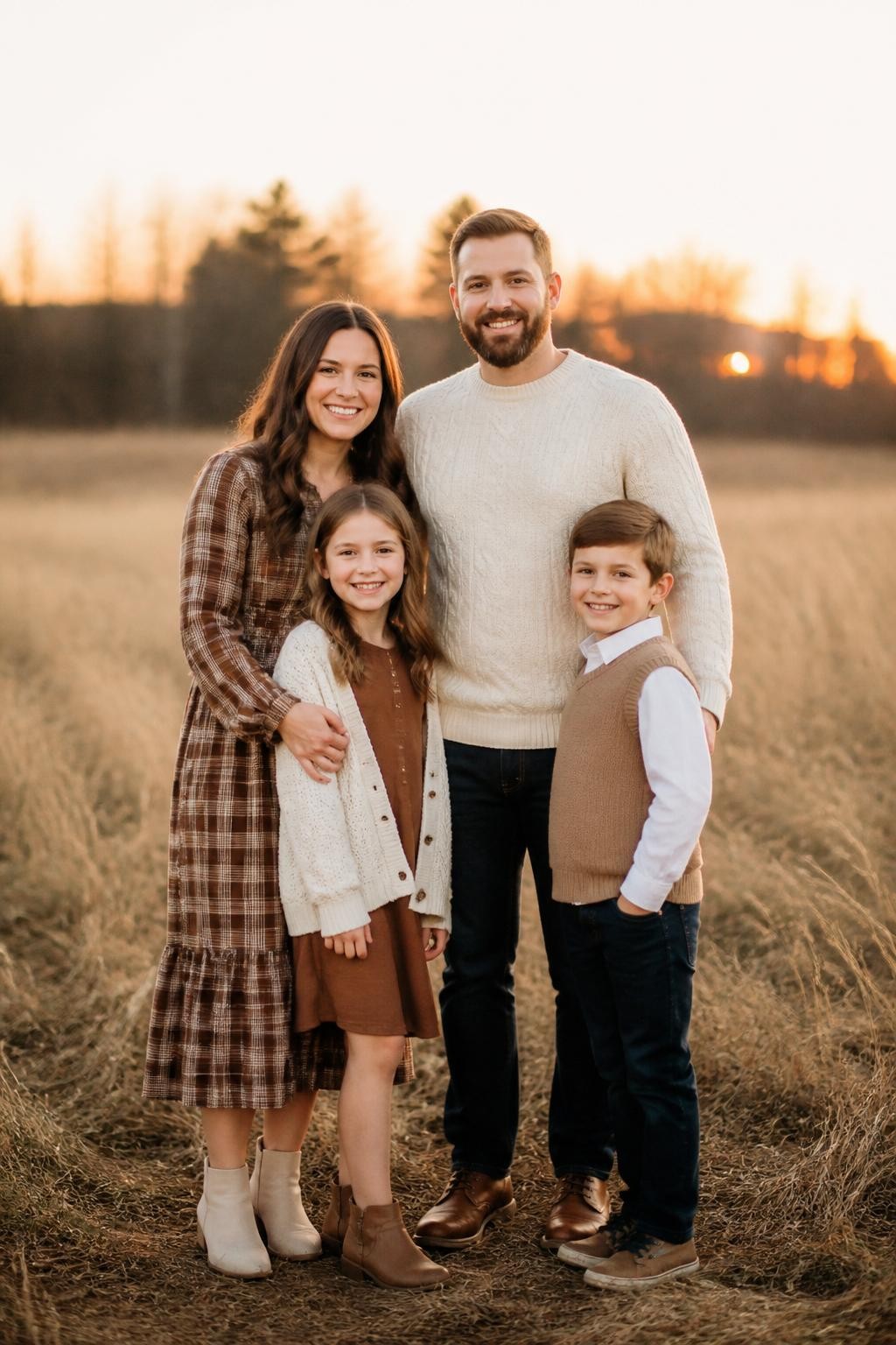 Realistic DSLR fall family photo of a family of four standing in an open field with soft golden grass, mom wearing a brown plaid midi dress with cream ankle boots, dad wearing a cream cable-knit sweater with dark jeans and brown boots, daughter wearing a cream knit cardigan over a brown dress, son wearing a tan sweater vest over a white shirt with dark pants, soft sunset light, warm natural family portrait.
