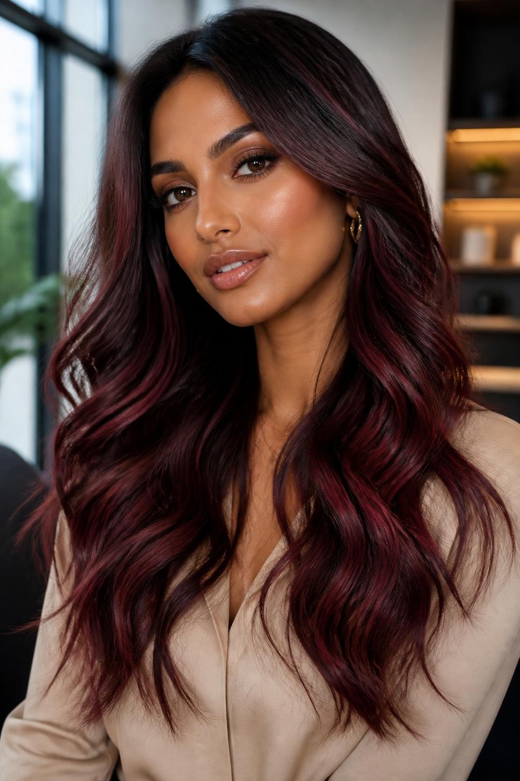 Image Prompt: A beautiful woman with long dark brown hair and raspberry brown balayage, dark natural roots with hand-painted raspberry-red and soft brown pieces through the mid-lengths and ends, loose waves, medium-deep skin tone, natural glam makeup, glossy lips, gold earrings, beige blouse, modern indoor background, soft window light, realistic beauty editorial portrait, smooth blended color placement, no text, (no watermarks on images)