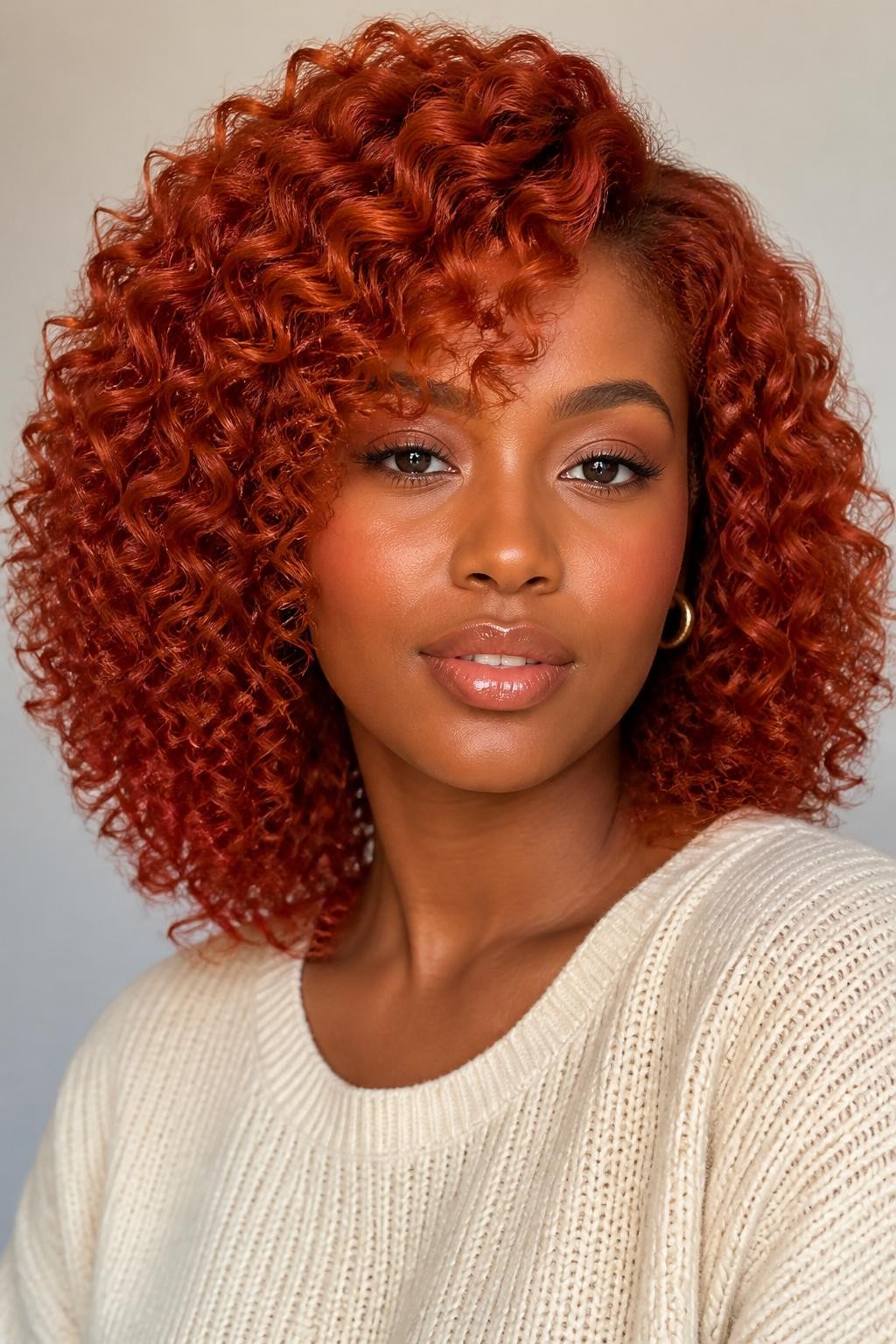 Image Prompt: A beautiful woman with shoulder-length natural curls dyed soft red copper, warm copper-red hair color with a glossy finish, defined spiral curls with healthy volume, medium-deep brown skin, soft natural makeup, glossy nude lips, small gold hoop earrings, cream knit top, clean neutral studio background, soft diffused lighting, close-up beauty editorial portrait, realistic DSLR photo, crisp curl texture, detailed red copper shine, no text, (no watermarks on images)