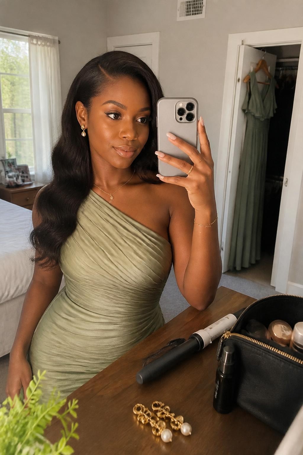 Image prompt: Photo of a Black woman wearing glossy side-part Hollywood waves flowing over one shoulder with one side tucked behind her ear, candid mirror selfie, sun-drenched bedroom with a formal dress hanging from a slightly open closet, natural window light, containing a curling iron on the dresser and statement earrings resting beside a makeup bag, realistic wedding guest preparation, latest iPhone photo quality.