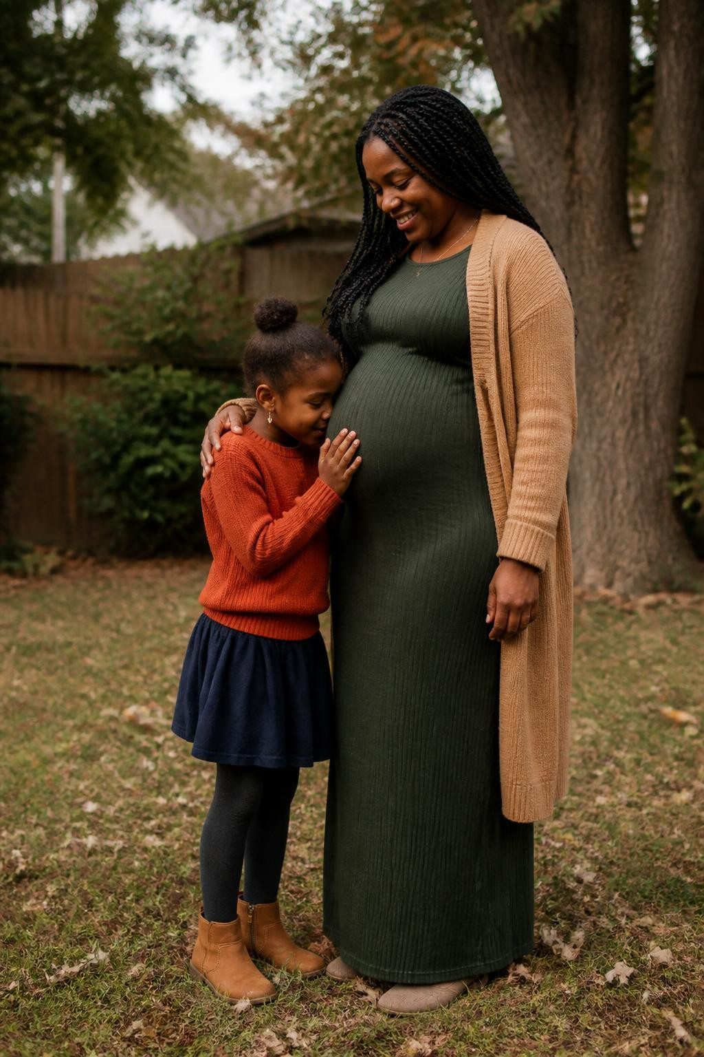 Image Prompt: A pregnant Black woman standing in a quiet backyard with her six-year-old daughter, the mother wearing a long forest-green knit dress and camel cardigan while the child wears a rust sweater, dark skirt, tights, and ankle boots, the daughter standing close with one hand gently resting on the side of the bump and her face near it as though whispering to the baby, the mother looking down with a warm natural smile and one hand resting lightly on the child’s shoulder, wooden fence, mature trees, and scattered leaves behind them, soft cloudy afternoon light, photographed with a DSLR 70mm lens at the child’s eye level, detailed dark skin tones, natural family body language, realistic clothing folds, no forced kiss pose, no excessive props.