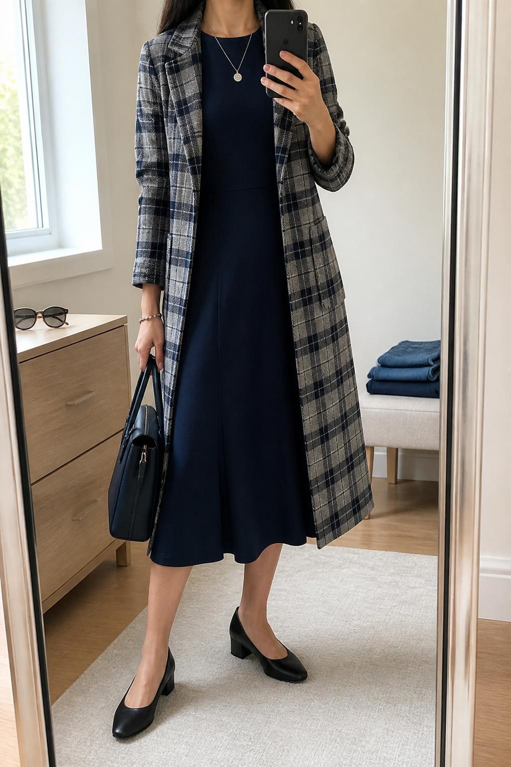 mirror selfie of a woman wearing the exact outfit described above, clearly showing a navy A-line midi dress, gray and navy plaid longline coat, black low block heels, a navy structured handbag, and a silver pendant necklace, holding a phone in front of a mirror, cropped at NECK so the face does not show, with a relaxed casual selfie pose, in a minimal dressing room, natural window light, with sunglasses placed on a dresser and folded denim jeans on a bench, latest iPhone photo quality.