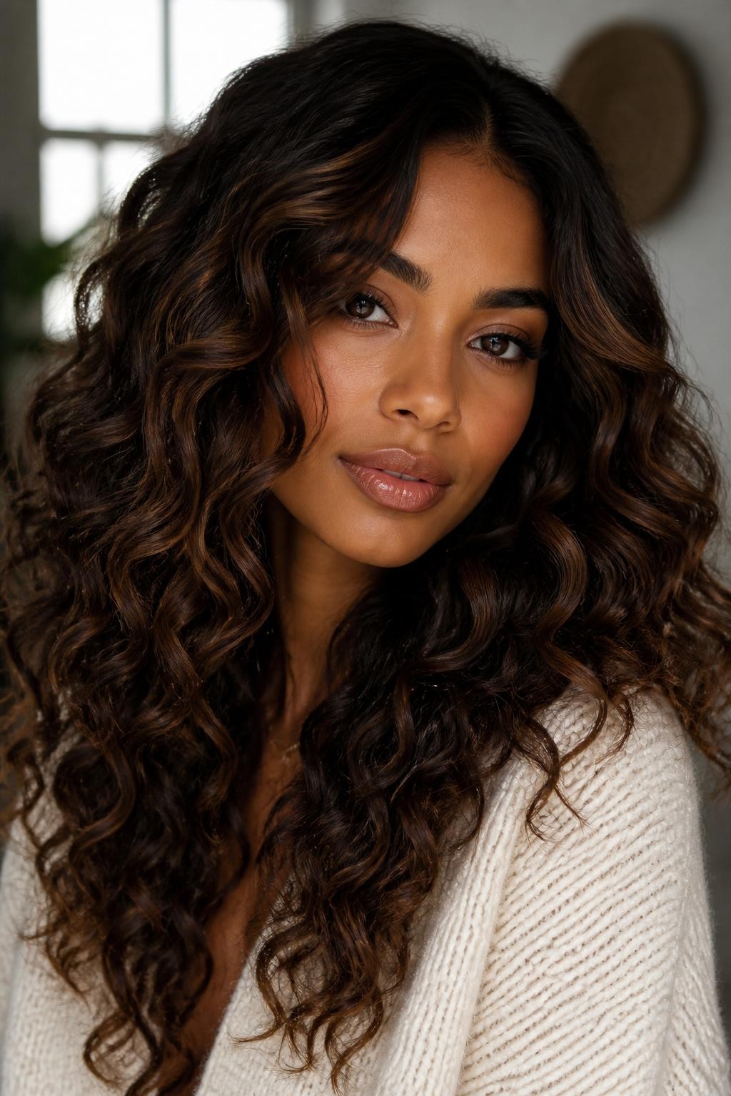 Image Prompt: A beautiful woman with dark brown hair and warm brownie batter highlights, deep brunette base with soft cocoa and chocolate brown pieces throughout the curls and around the face, loose defined curls, warm brown skin, natural glowing makeup, glossy lips, cream cardigan, soft indoor background with diffused daylight, realistic beauty editorial portrait, close-up detailed hair texture and warm highlight contrast, no text, (no watermarks on images)