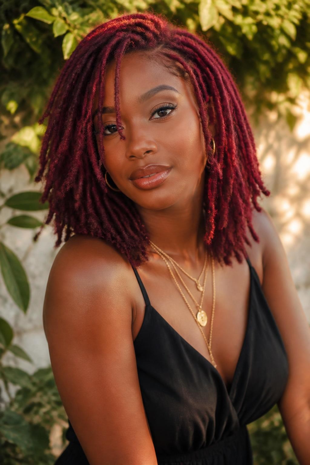 Image Prompt: A stunning woman with shoulder-length raspberry locs, neatly maintained loc texture, rich berry-red color with pink undertones and soft shine, a few locs framing the face, deep brown skin, natural glowing makeup, layered gold necklaces, black dress, outdoor natural setting with softly blurred greenery, warm sunlight, realistic lifestyle editorial portrait, detailed loc texture and raspberry color, no text, (no watermarks on images)