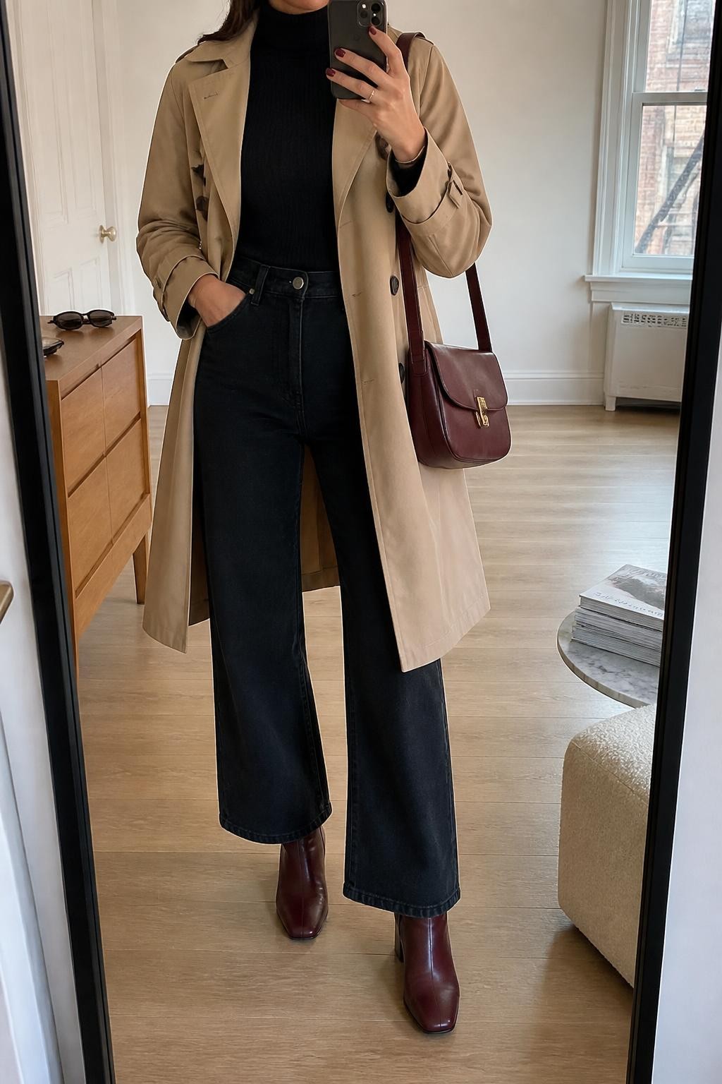 Mirror selfie of a woman wearing a knee-length camel water-resistant trench coat, a fitted black ribbed turtleneck, high-waisted black wide-leg jeans, burgundy leather ankle boots, and a structured oxblood shoulder bag, clearly showing the exact clothing items, colors, fabrics, and accessories listed, holding a phone in front of a stylish city apartment mirror, cropped at the neck so the face does not show, relaxed casual selfie pose, natural window light, sunglasses placed on a dresser and a stack of fashion magazines on a side table, natural and uncluttered, latest iPhone photo quality.