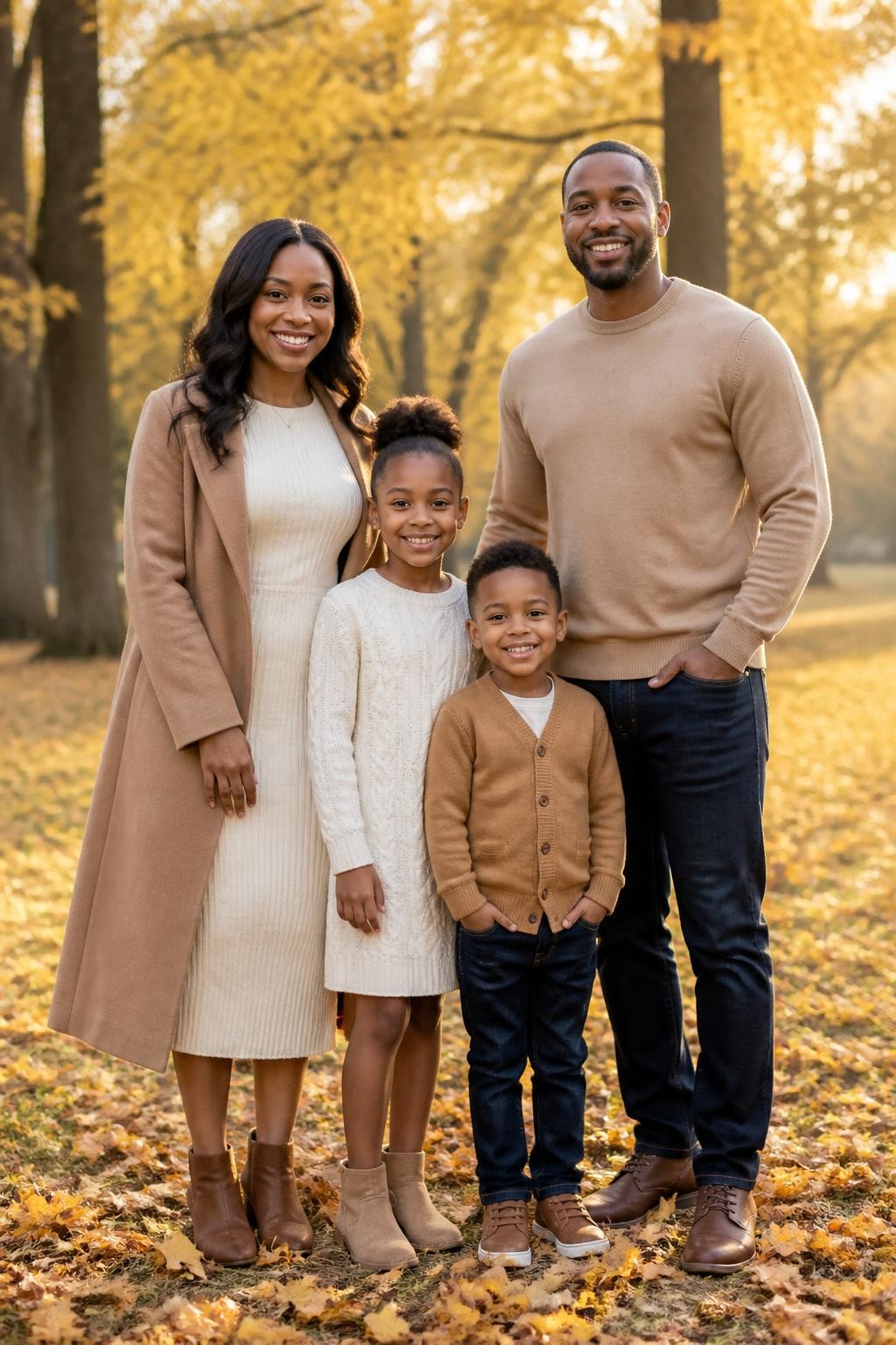 Realistic DSLR fall family portrait of a Black family of four standing in a park with golden leaves, mom wearing a cream ribbed knit midi dress with a camel wool coat and brown ankle boots, dad wearing a tan crewneck sweater with dark jeans and brown boots, daughter wearing a cream sweater dress with tan boots, son wearing a camel cardigan with dark denim and brown sneakers, warm golden hour lighting, natural smiles, soft blurred trees in the background, polished but relaxed family photo style.