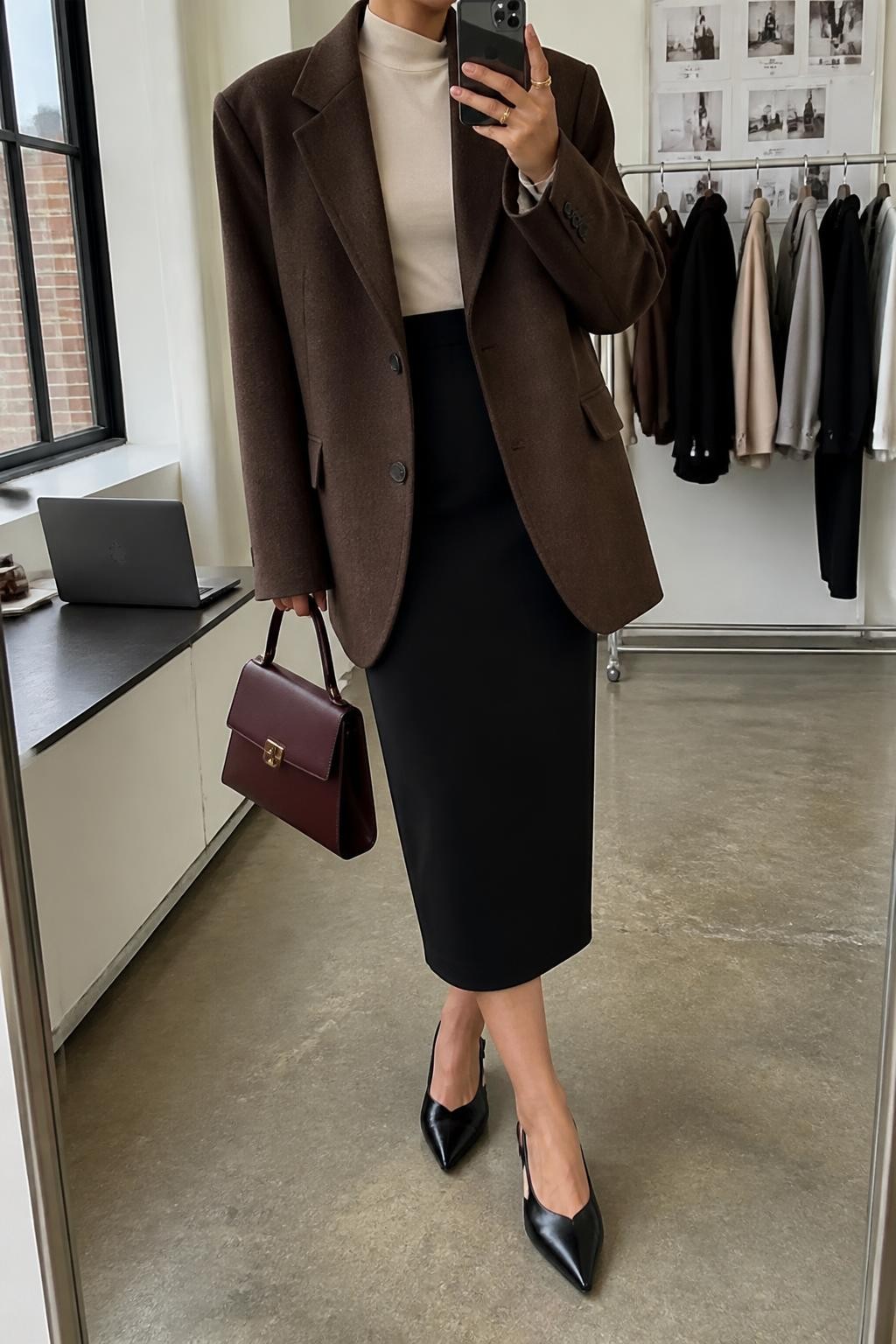 Mirror selfie of a woman wearing an oversized chocolate-brown wool blazer, fitted ivory mock-neck top, black structured column midi skirt with a back slit, black leather slingback heels, and a burgundy top-handle handbag, clearly showing the exact clothing items, colors, fabrics, and accessories listed, holding a phone in front of a fashion studio mirror corner, cropped at the neck so the face does not show, relaxed confident selfie pose, natural window light, a laptop on a bench and a clothing rack with garments behind, modern and natural, latest iPhone photo quality.