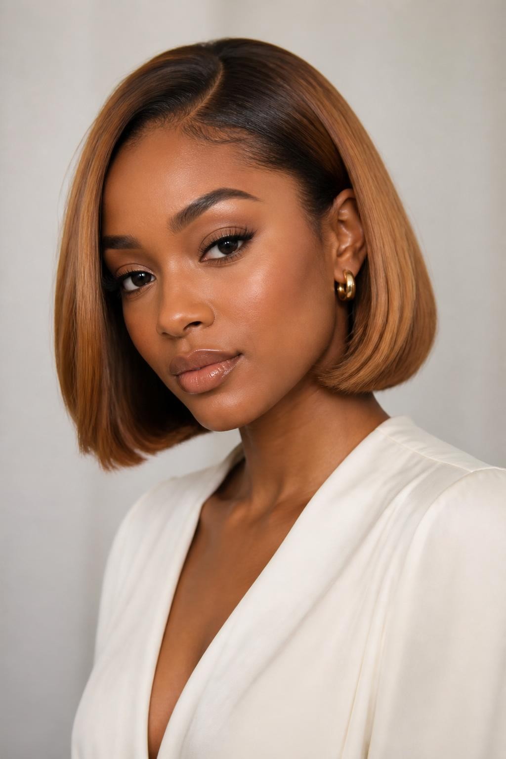 Image Prompt: A pretty Black woman with a chin-length bob dyed toasted caramel brown, smooth blunt bob with slight bend at the ends, warm caramel tone with brown roots, medium-deep brown skin, soft natural makeup, gold earrings, ivory blouse, clean bright studio background, soft flattering lighting, realistic beauty editorial photography, detailed hair shine, no text, (no watermarks on images)