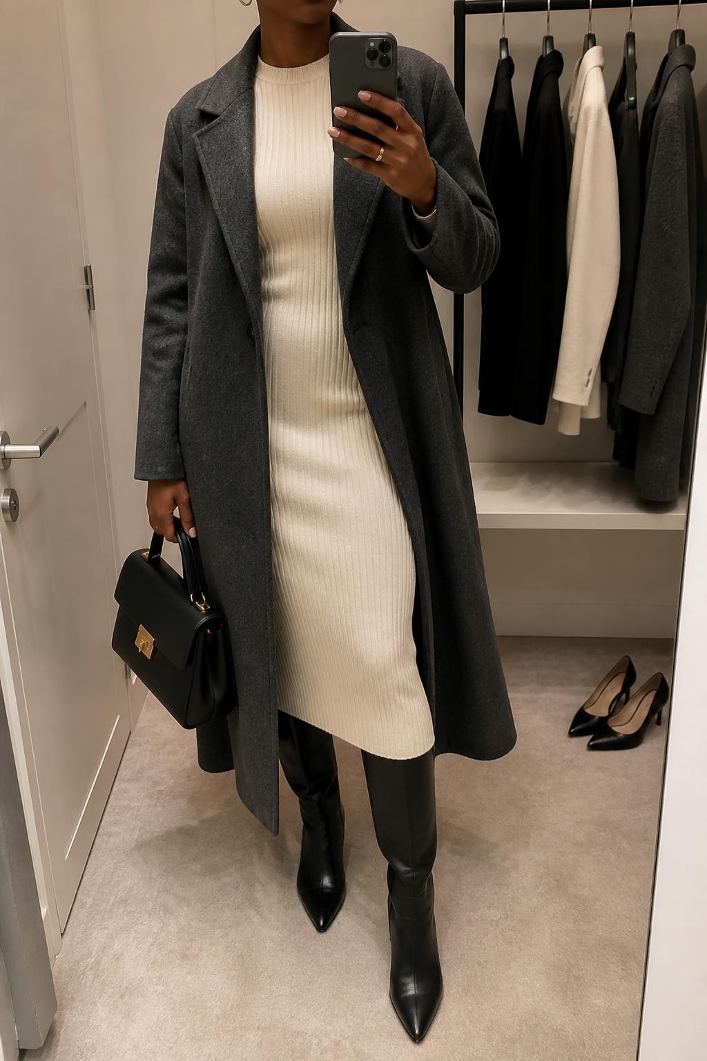 Mirror selfie of a Black woman wearing a fitted cream ribbed-knit midi sweater dress, a long charcoal-grey wool coat, black leather knee-high boots, a structured black handbag, and small silver hoop earrings, clearly showing the exact clothing items, colors, fabrics, and accessories listed, holding a phone in front of a minimal dressing room mirror, cropped at the neck so the face does not show, relaxed casual selfie pose, soft indoor lighting, a clothing rack with garments behind and a pair of heels on the floor nearby, polished but natural, latest iPhone photo quality.