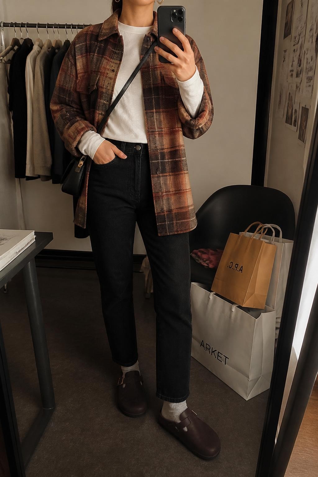 mirror selfie of a woman wearing the exact outfit described above, clearly showing espresso brown leather Birkenstock-style clogs with gray socks, black slim straight-leg jeans, a white fitted long-sleeve top, a rust and brown plaid shacket, a black crossbody bag, and gold hoop earrings, holding a phone in front of a mirror, cropped at NECK so the face does not show, with a relaxed casual selfie pose, in a fashion studio mirror corner, warm moody lighting, with clothing rack with garments behind and shopping bags beside a chair, latest iPhone photo quality.