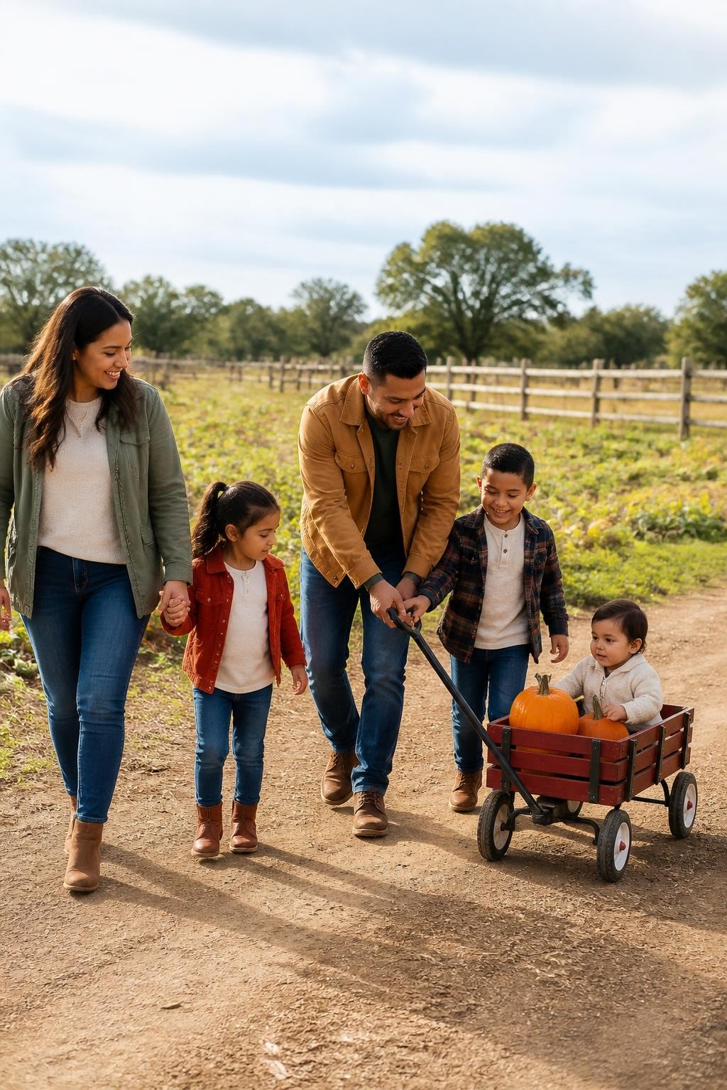 Image Prompt: A Latino family of five walking beside a small red wooden wagon on a quiet pumpkin farm path, two parents with three young children, the toddler sitting safely inside the wagon beside two medium pumpkins while an older sibling gently pulls the handle with help from the father, the mother walking alongside and holding the hand of the third child, casual fall outfits in denim, burnt orange, tan, dark green, and cream, practical boots and slightly wrinkled jackets, real pumpkin vines and farm fencing in the background, bright but soft late-morning light, photographed from a slight side angle with a DSLR 35mm lens, believable walking movement, realistic farm ground, natural family interaction, no overloaded wagon, no costume-like outfits.