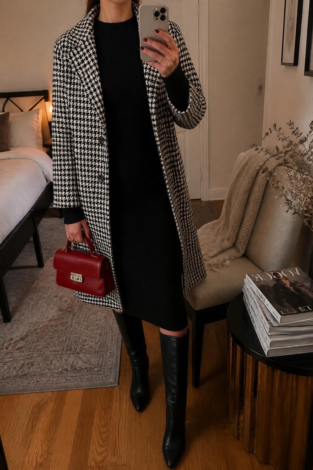 mirror selfie of a woman wearing the exact outfit described above, clearly showing a black long-sleeve sweater midi dress, black and white houndstooth coat, black knee-high boots, a red mini handbag, and pearl stud earrings, holding a phone in front of a mirror, cropped at NECK so the face does not show, with a relaxed casual selfie pose, in a cozy bedroom mirror setup, warm moody lighting, with a folded blanket on a chair and a stack of fashion magazines on a side table, latest iPhone photo quality.